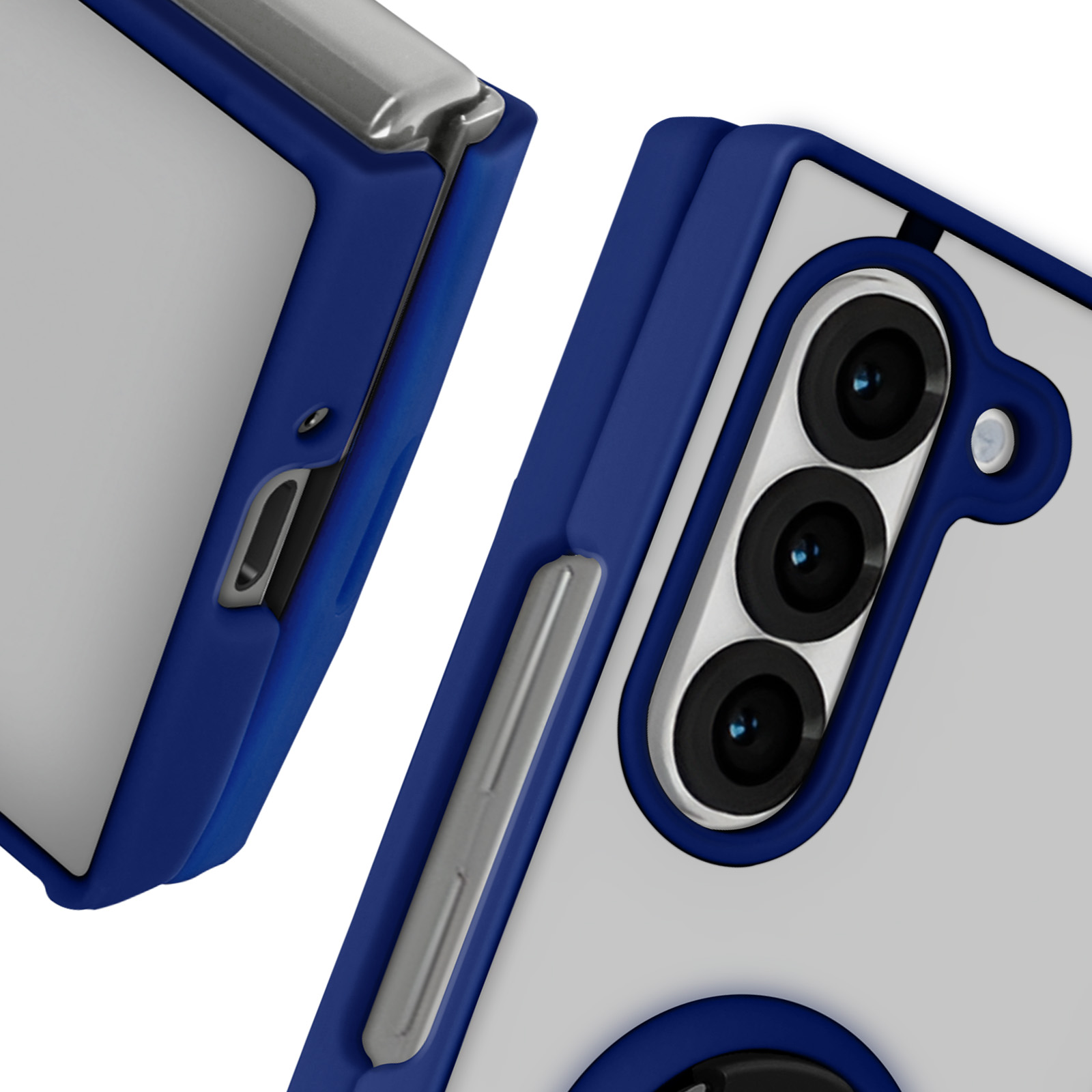 Primo piano di una custodia blu e argento per telefono con lenti della fotocamera e un pulsante laterale.