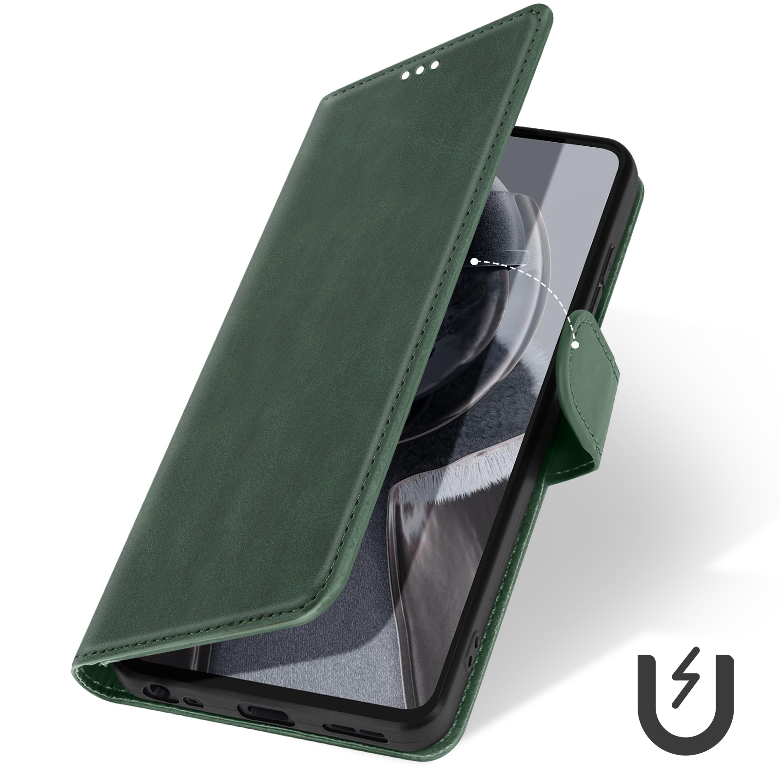 Custodia per telefono in pelle verde aperta, che mostra lo schermo del telefono, con simbolo di chiusura magnetica.