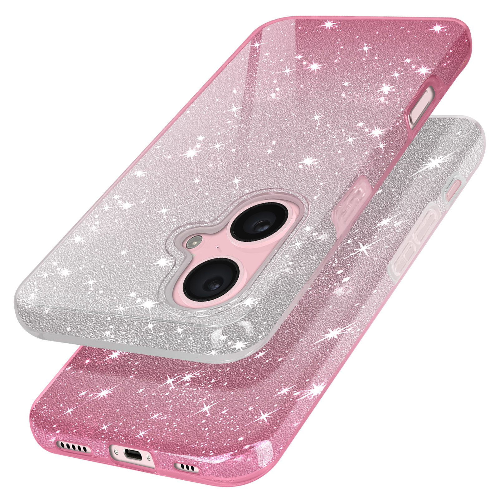 Due custodie per telefono impilate. Quella superiore è rosa e glitterata. Quella inferiore è rosa e glitterata.