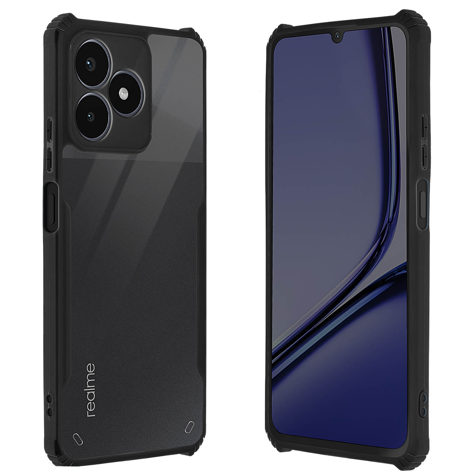 Custodia nera per telefono, telefono dentro, con lenti della fotocamera.