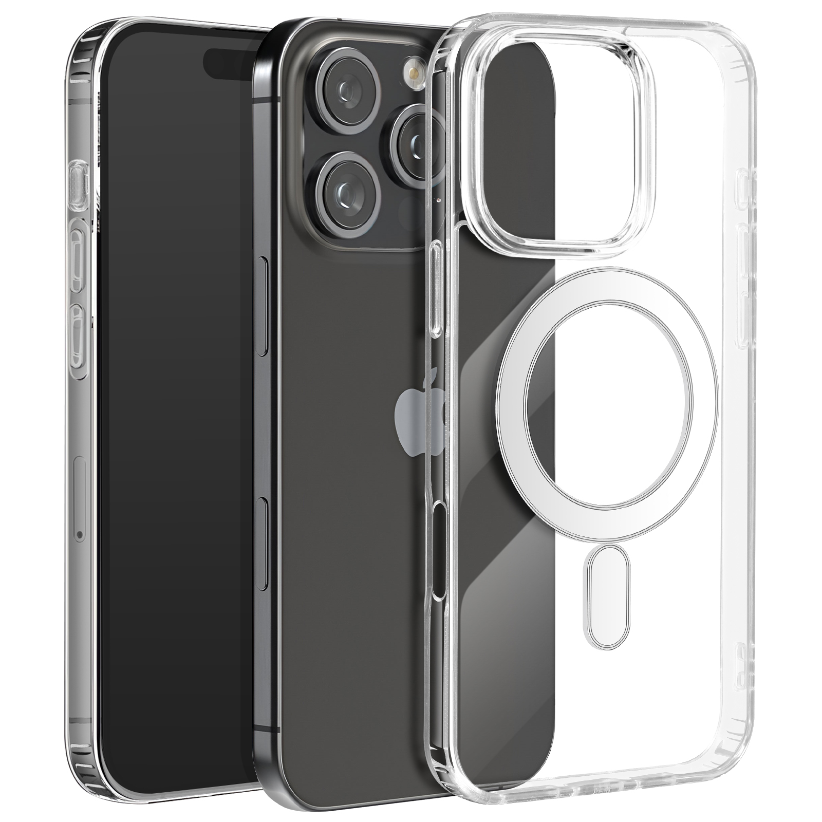 Tre smartphone: uno con schermo, due con custodie. Custodia trasparente a destra.
