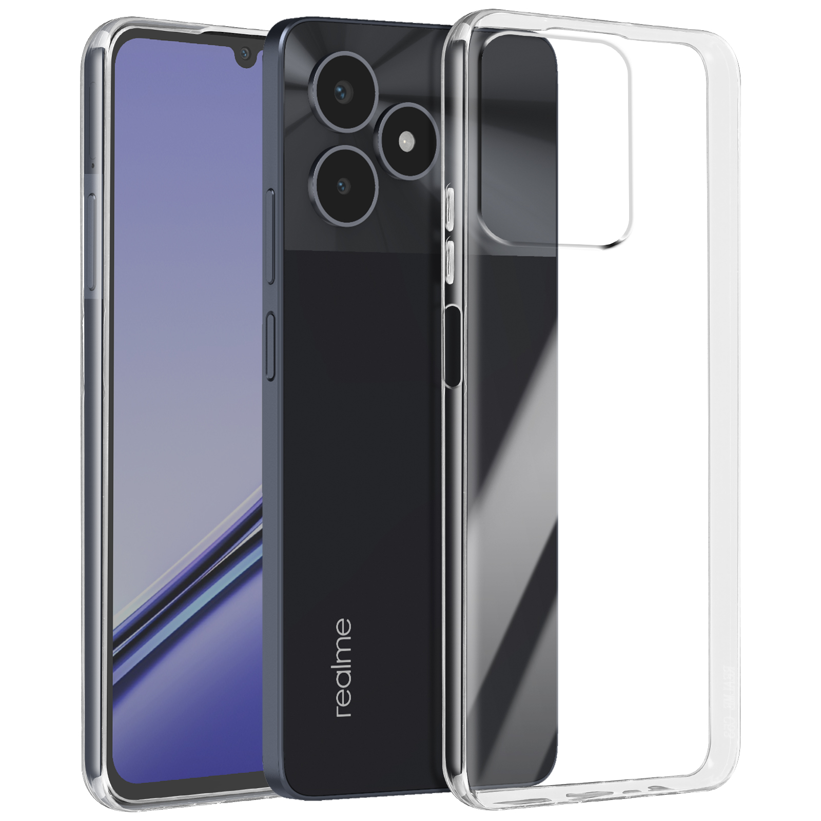 Telefono nero, custodia trasparente. Tre lenti, logo Realme. Vista anteriore e posteriore.