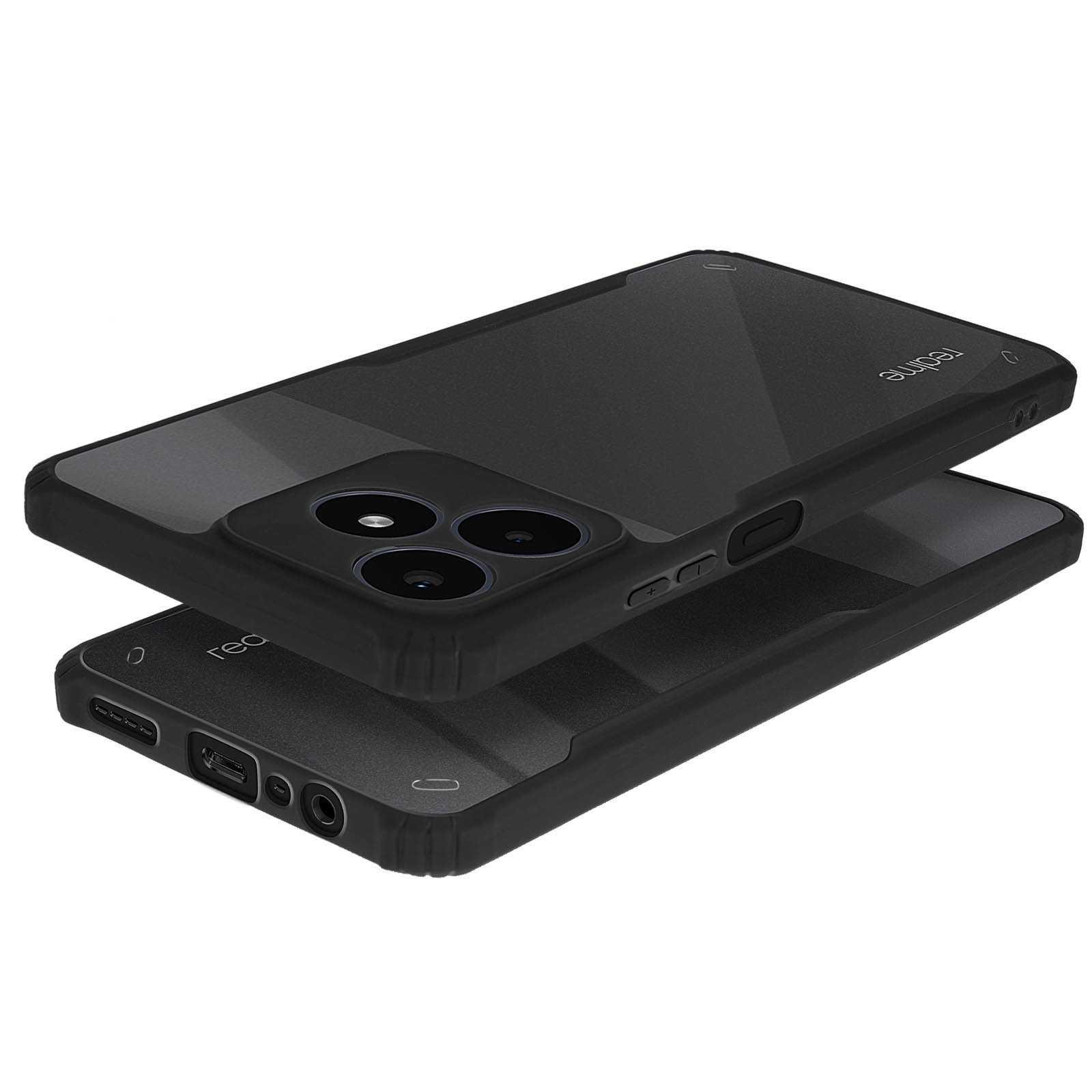 Telefono nero con custodia nera trasparente, impilati. Logo Realme visibile.
