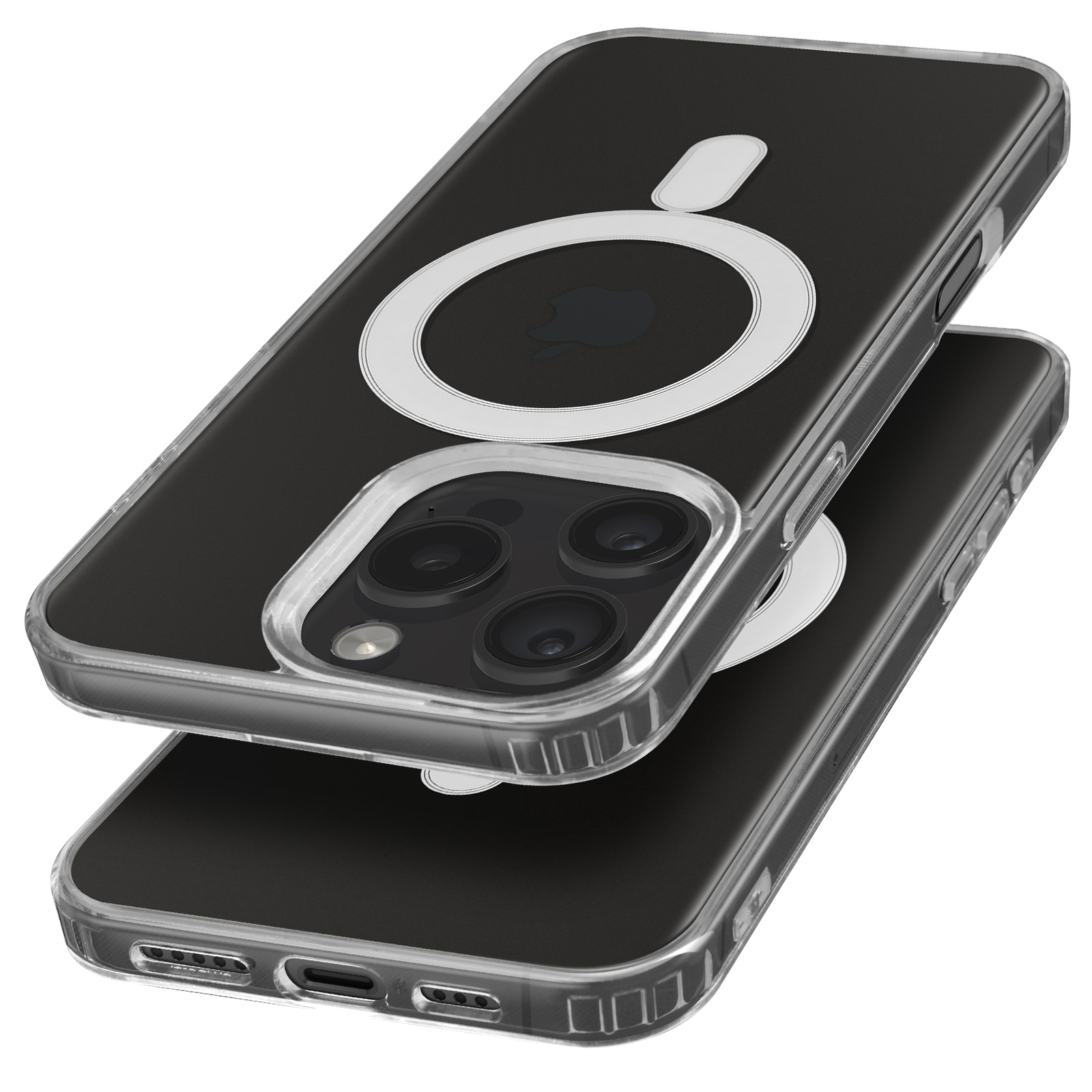 Custodia nera per telefono con un cerchio bianco, con telefoni neri su sfondo bianco.
