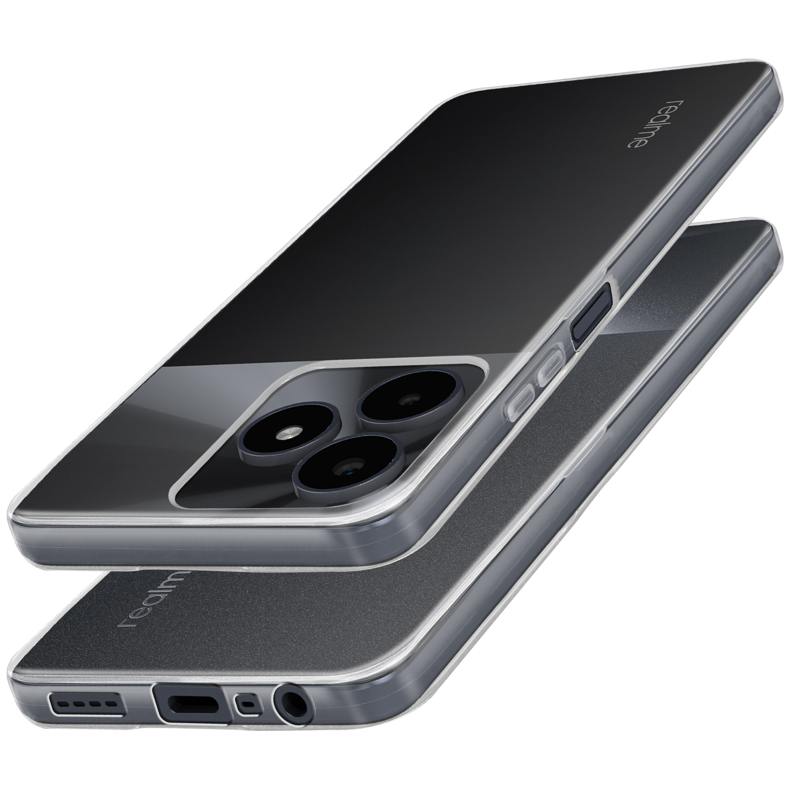 Custodia per telefono, nera e trasparente, con fori per la fotocamera.