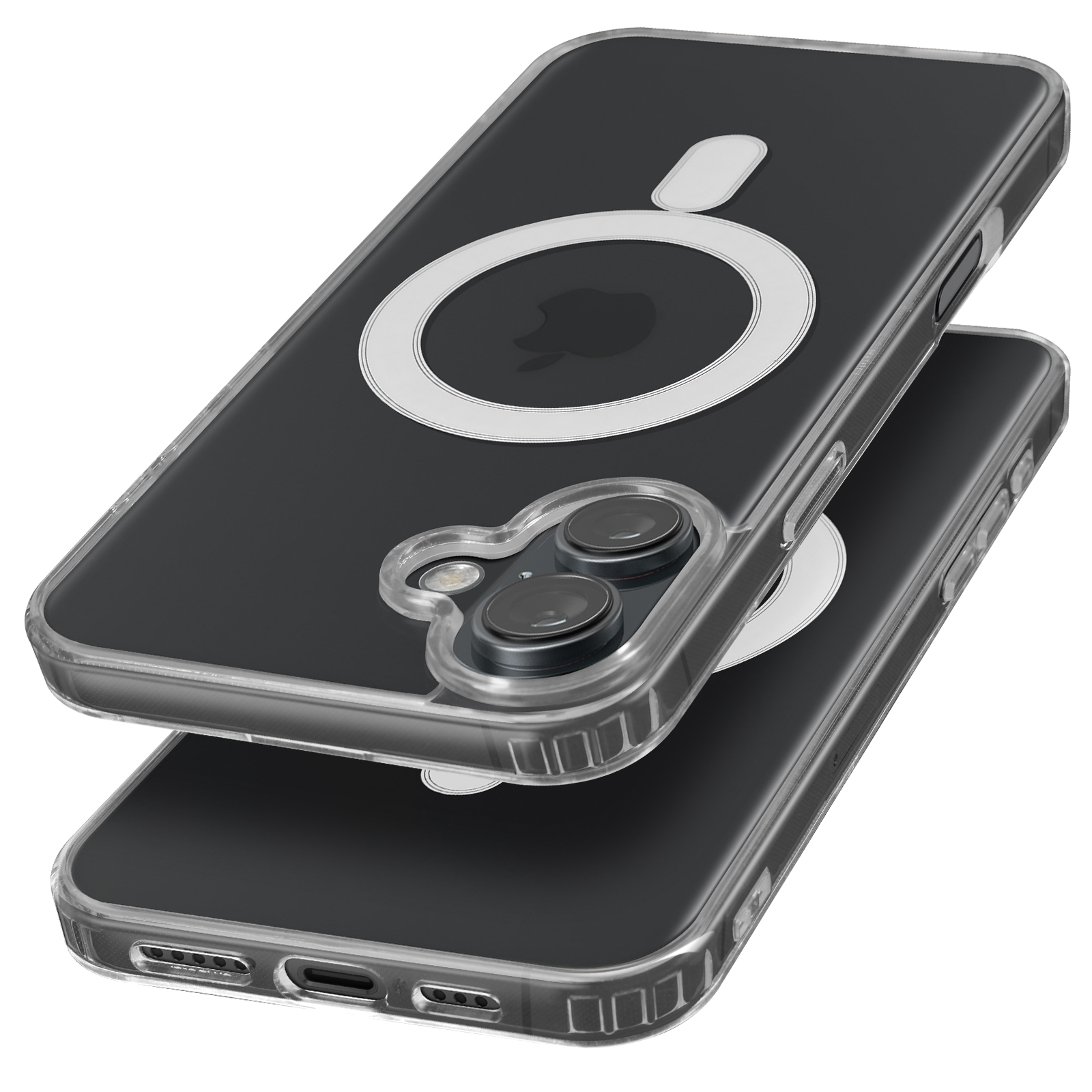 Due custodie trasparenti per telefono con un telefono all'interno, che mostrano il logo Apple.