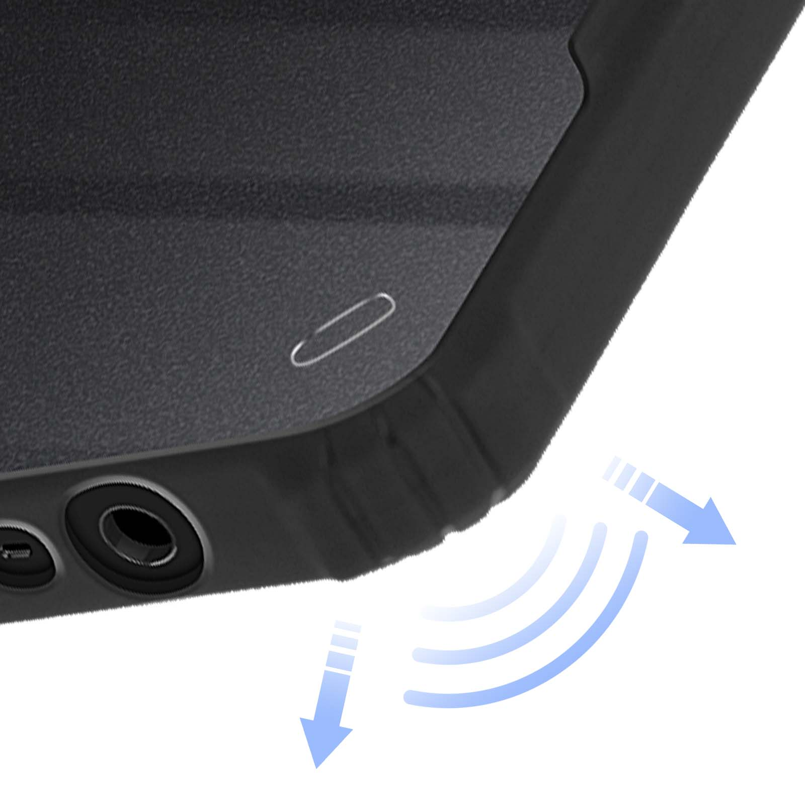 Primo piano di una custodia nera per telefono. Frecce e onde sonore indicano il suono.