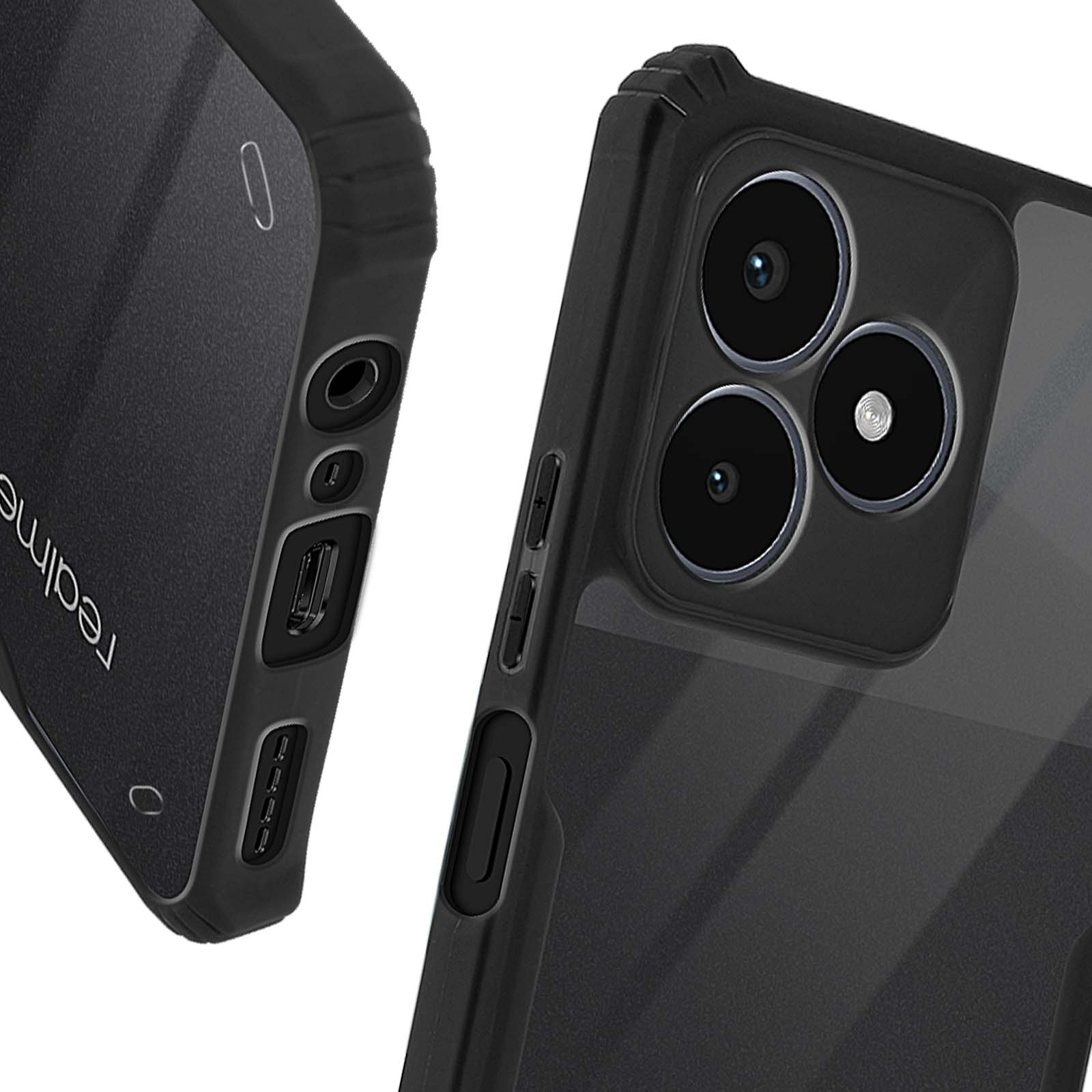 Custodia per telefono nera. Telefono con tre fotocamere. Lato del telefono visibile: pulsanti, porte e parola 'realme'.