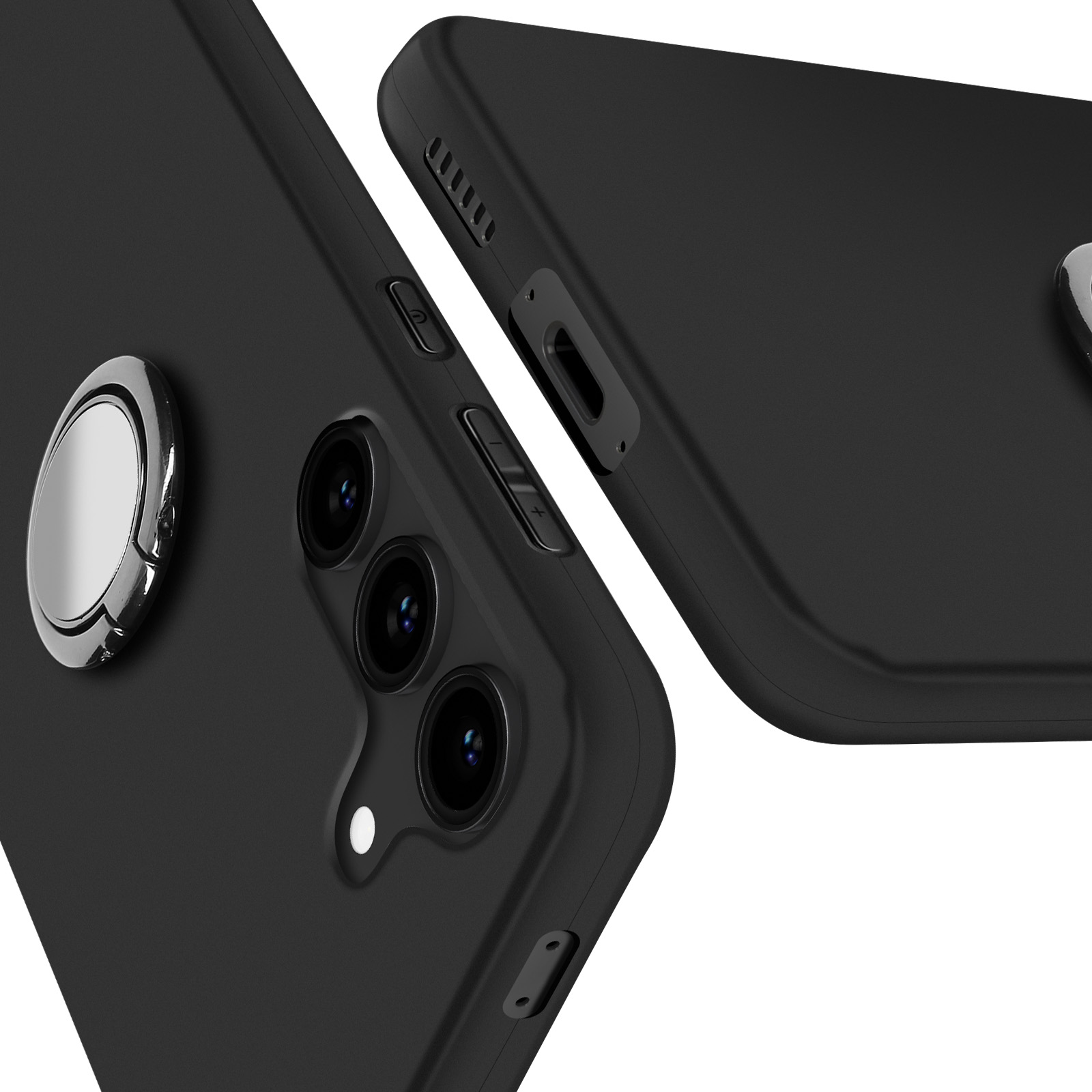 Custodia per telefono nera con lenti della fotocamera e un supporto ad anello argentato.