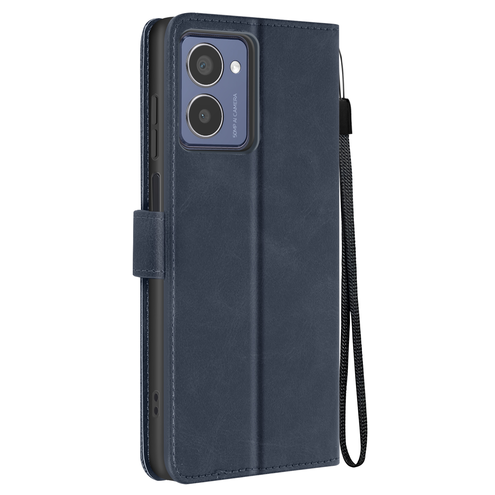 Custodia blu per telefono con telefono all'interno, con doppia fotocamera e cinturino.