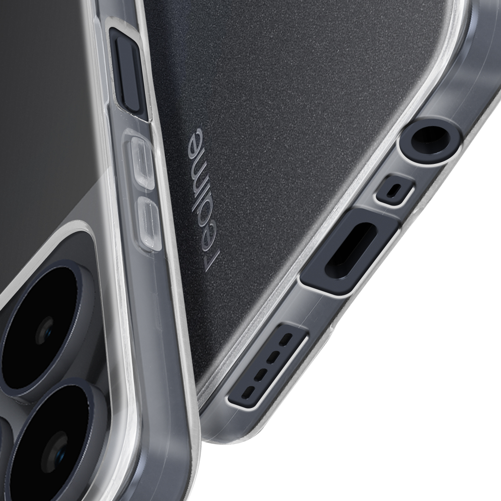 Primo piano di un telefono Realme in una custodia trasparente, che mostra il lato con pulsanti e porte.
