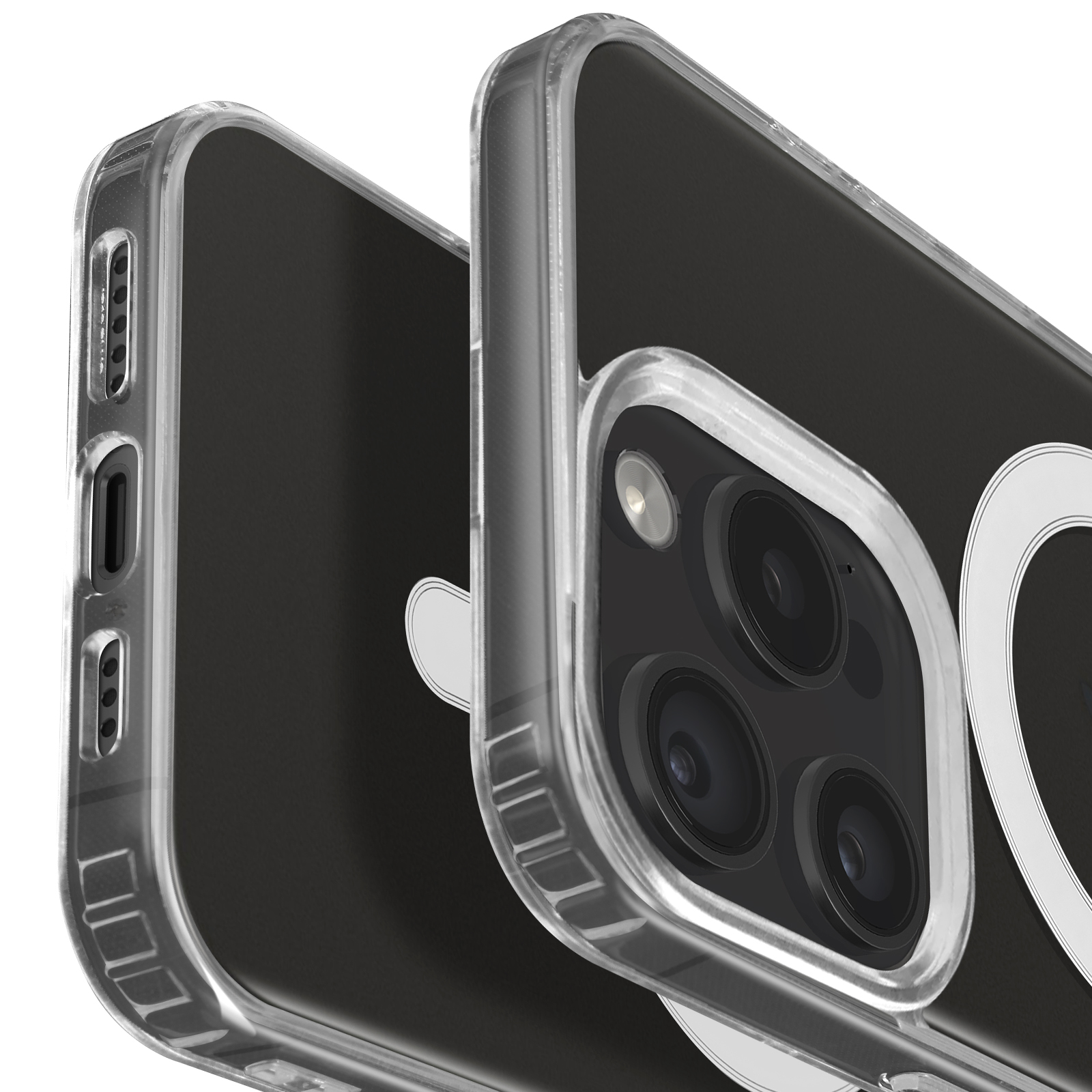 Primo piano di due custodie trasparenti per telefono, che mostrano la fotocamera e i pulsanti laterali. Plastica trasparente.