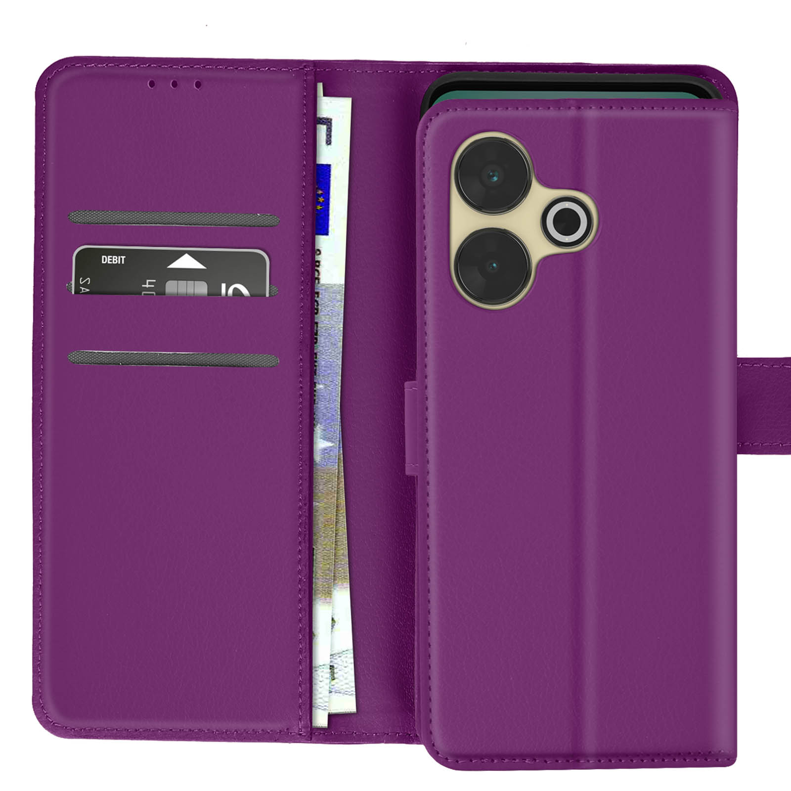 Custodia viola con portafoglio, carte e denaro.