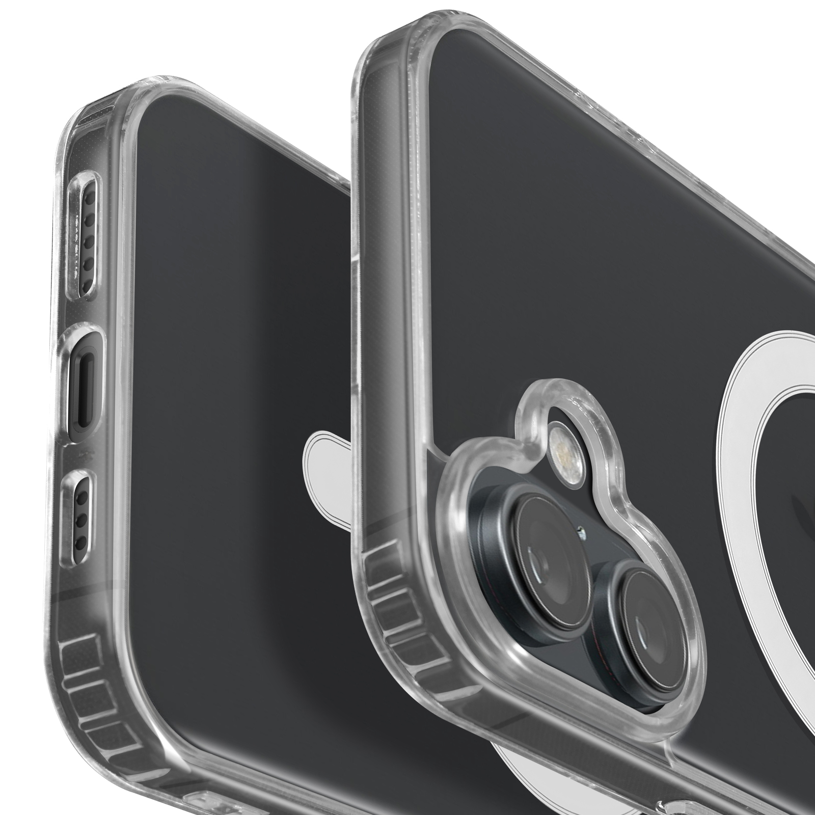 Due custodie trasparenti per telefono. Le custodie mostrano la fotocamera e i pulsanti laterali del telefono. La custodia è trasparente.