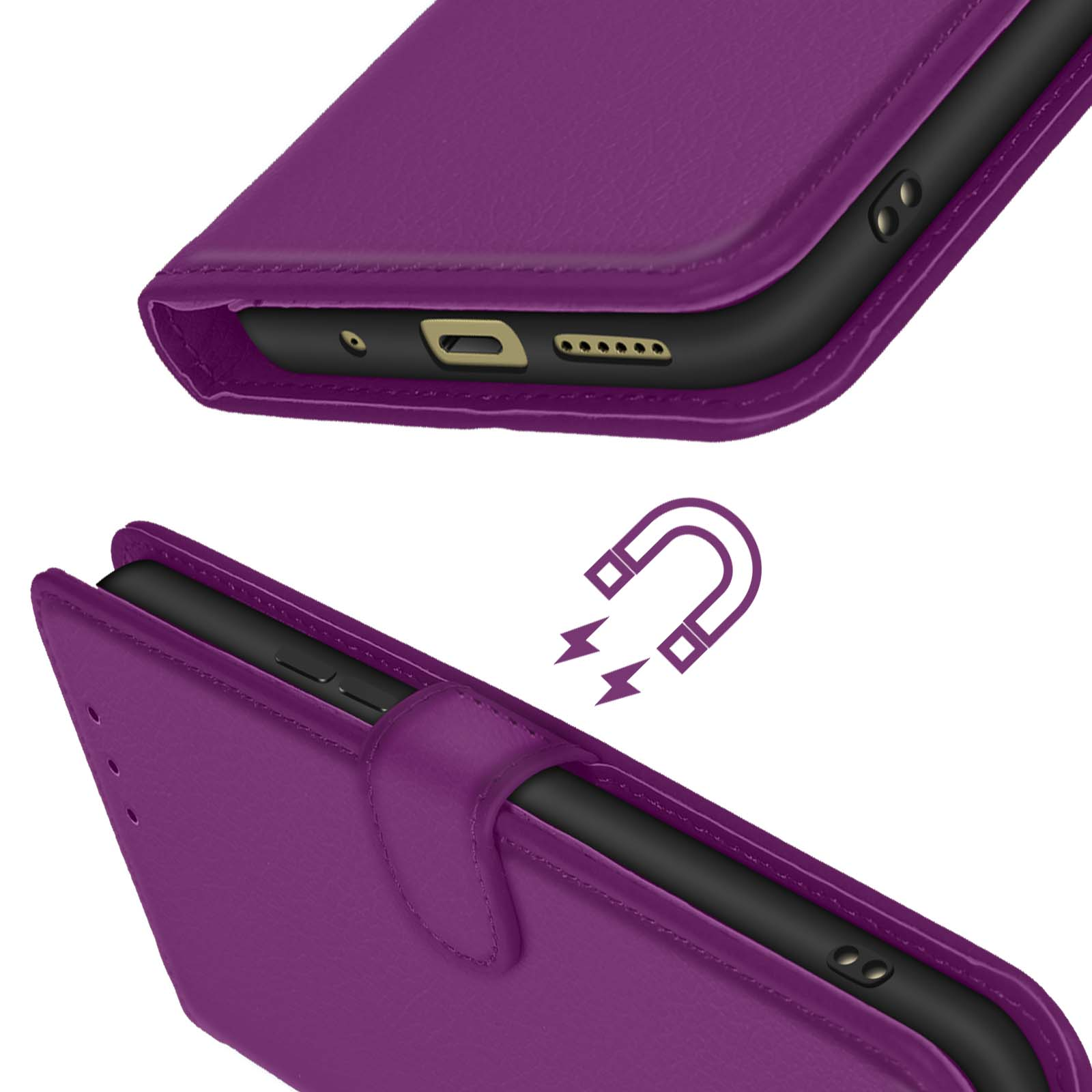 Una custodia per telefono viola. La custodia ha una chiusura magnetica. L'interno è nero.