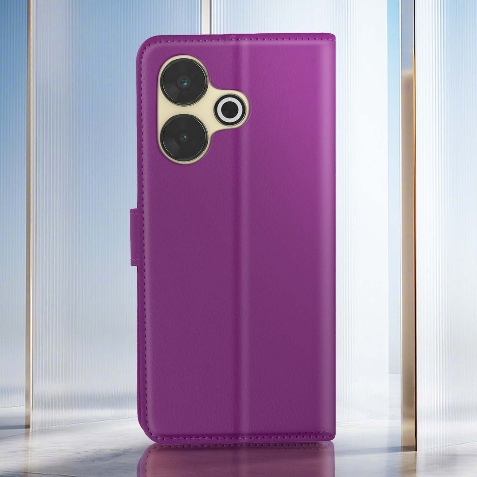 Custodia viola per telefono aperta, mostra un telefono con doppie fotocamere e un pulsante.