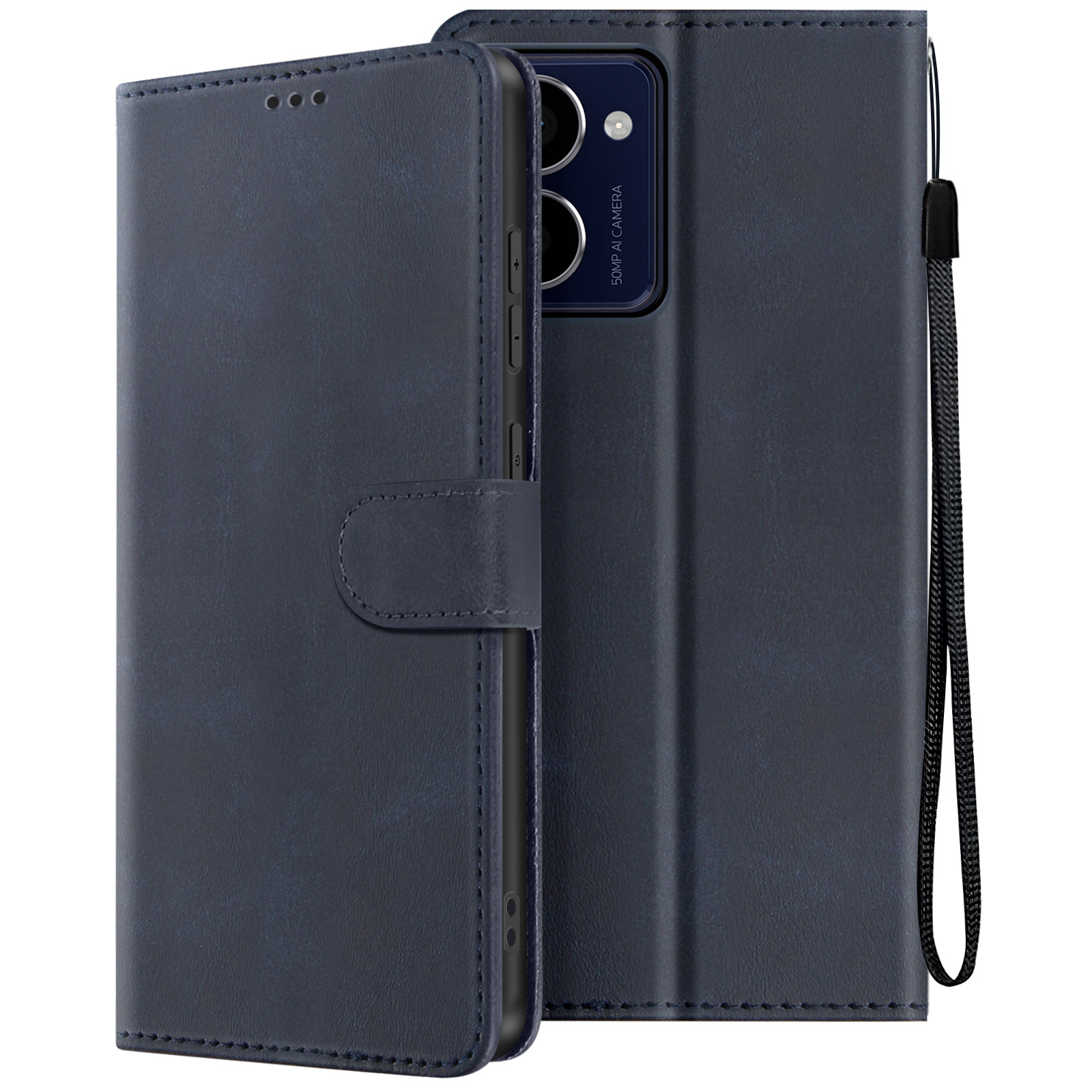 Custodia per telefono blu scuro con chiusura magnetica, bottone e cinturino.