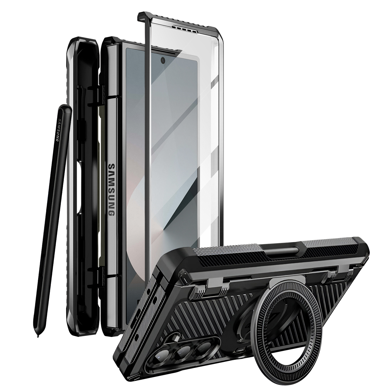 Telefono nero con accessori e supporto ad anello. Il telefono è aperto.