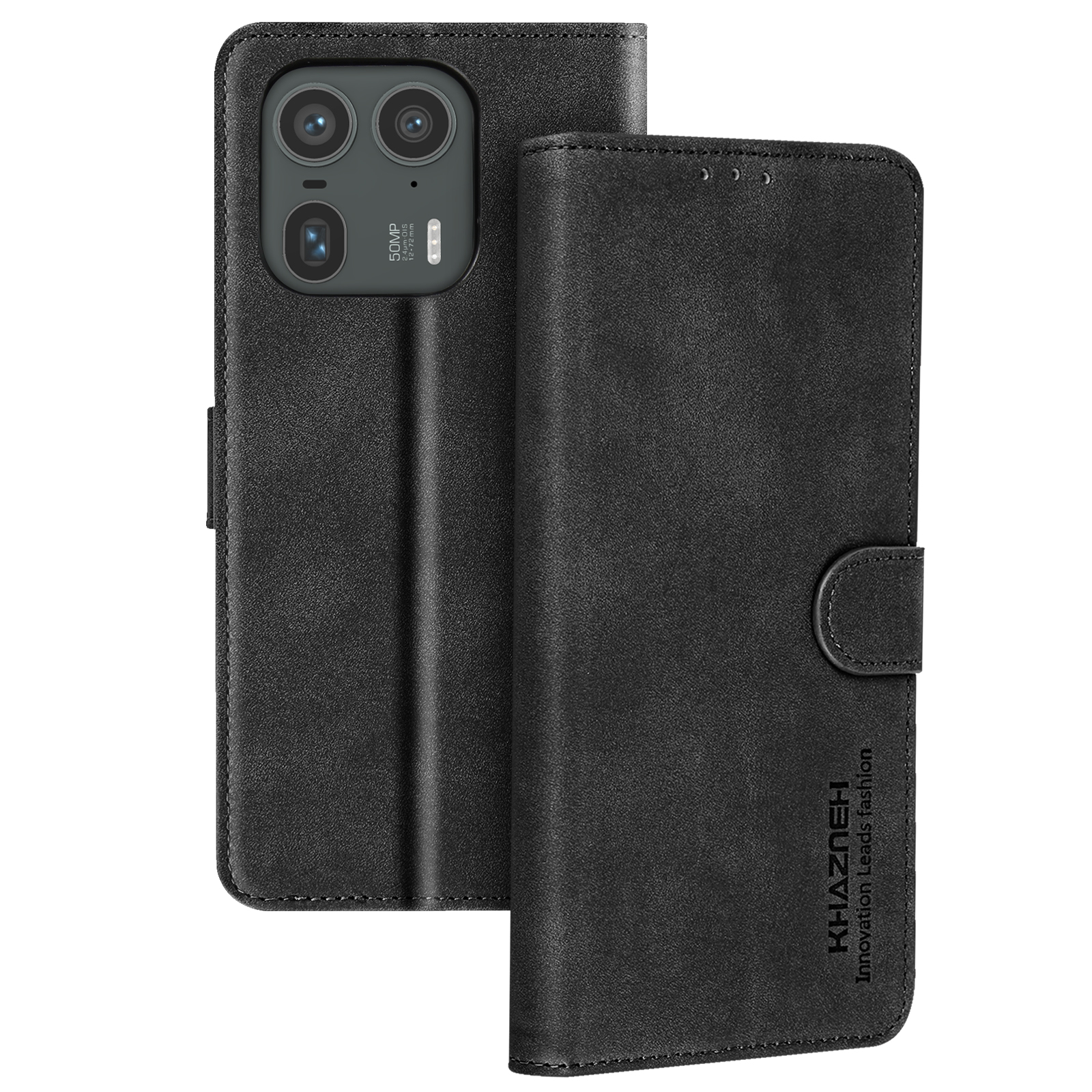 Schwarze Leder-Handyhülle offen, zeigt ein Telefon im Inneren. Die Rückseite des Telefons ist sichtbar.