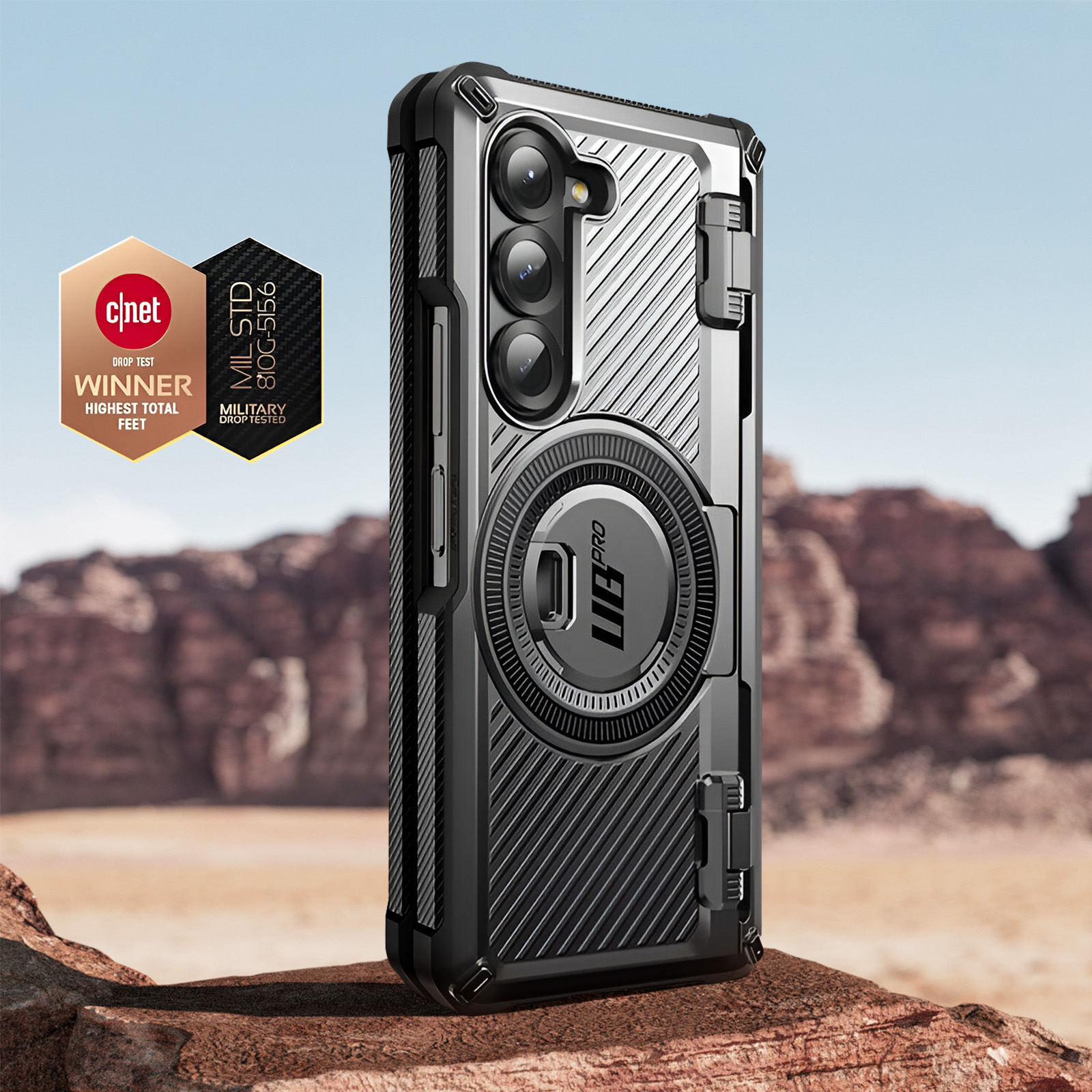 Custodia per telefono, nera e argento, con design strutturato e aspetto robusto su rocce.