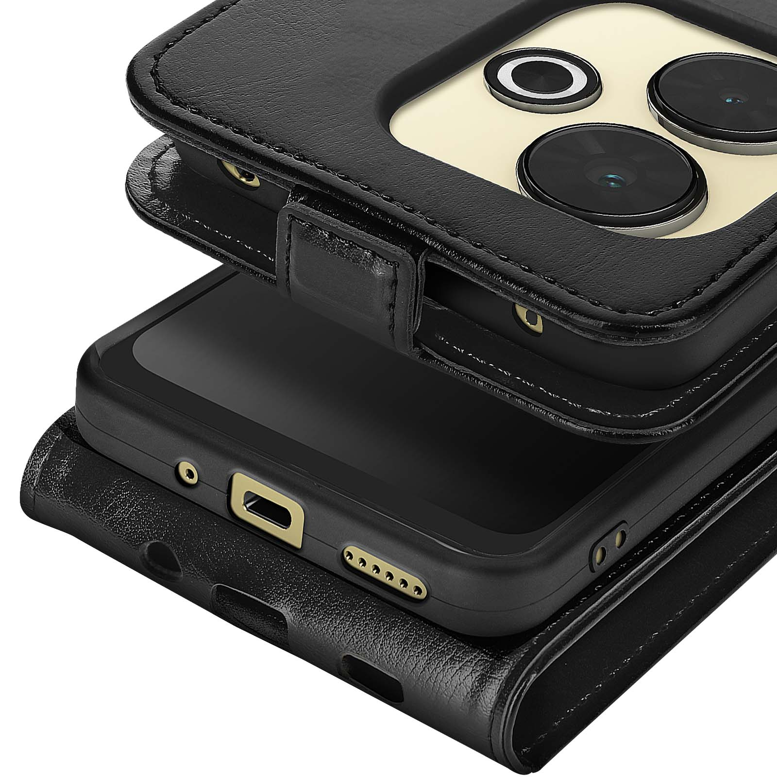 Custodia nera per telefono con telefono aperto, che mostra gli obiettivi della fotocamera.