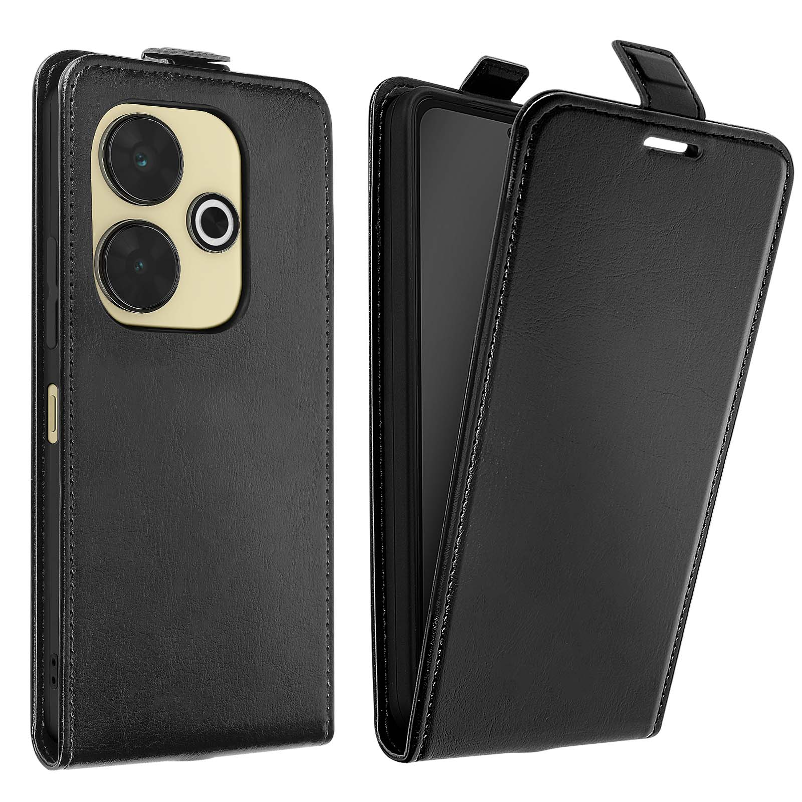 Custodia per telefono in pelle nera, aperta e chiusa, con un ritaglio per la fotocamera e una chiusura magnetica.