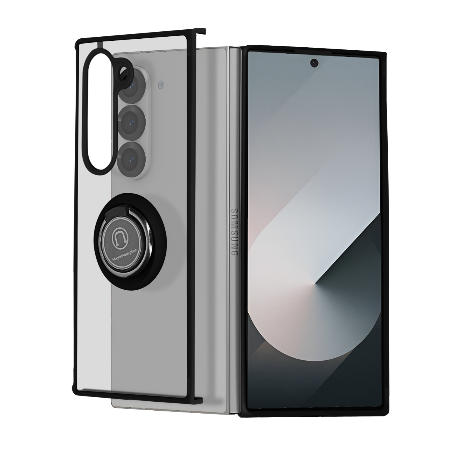 Telefono pieghevole, cornice nera, retro argento, schermo nero, con supporto ad anello, su sfondo bianco.