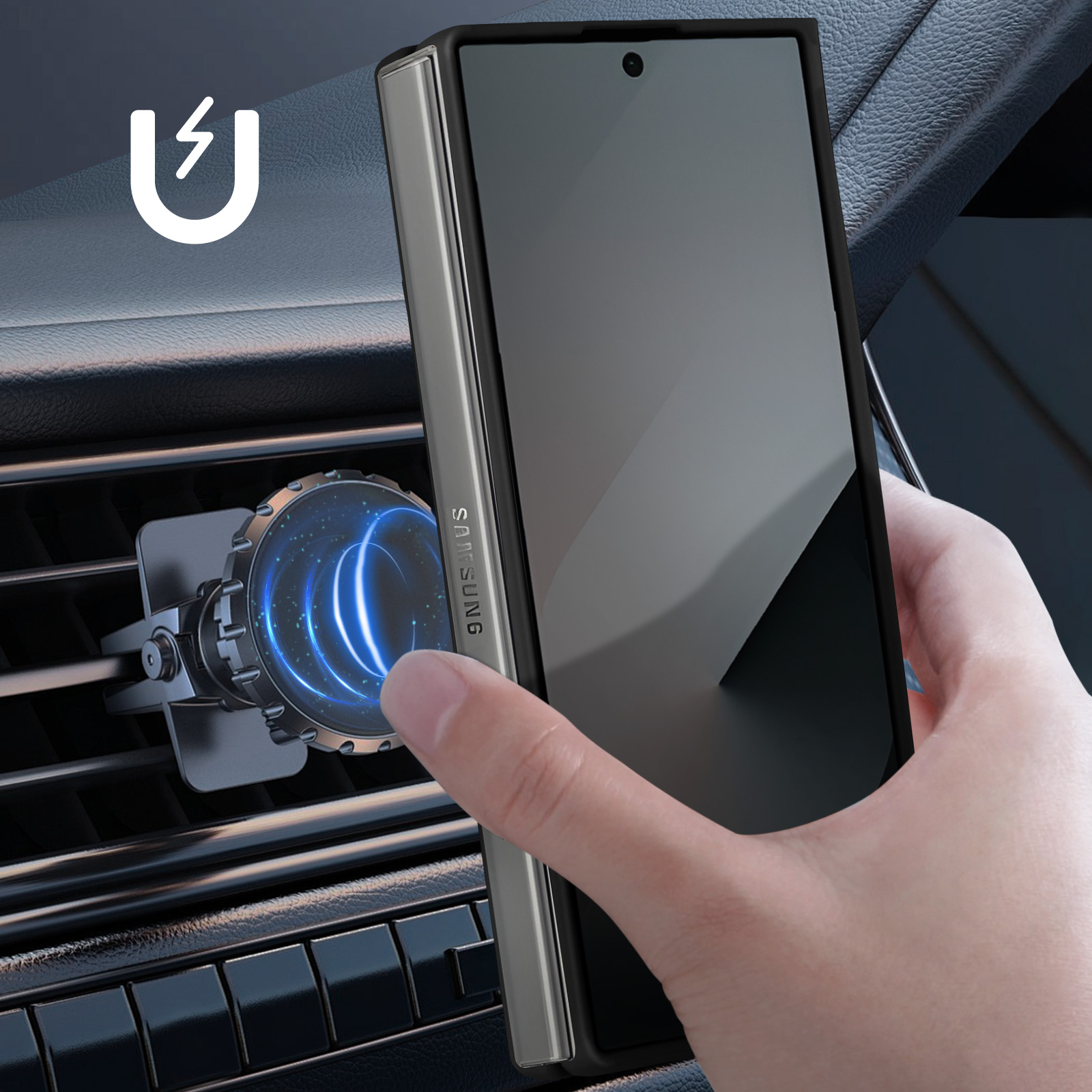 Mano che tiene telefono in auto, attaccato a supporto magnetico, luce blu emessa, primo piano.
