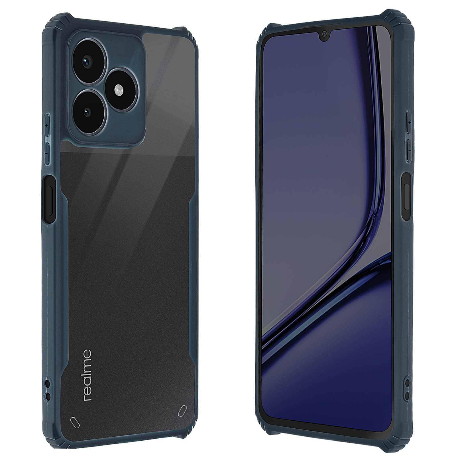 Smartphone in una custodia blu e trasparente. Il retro mostra tre lenti e lo schermo è visibile.