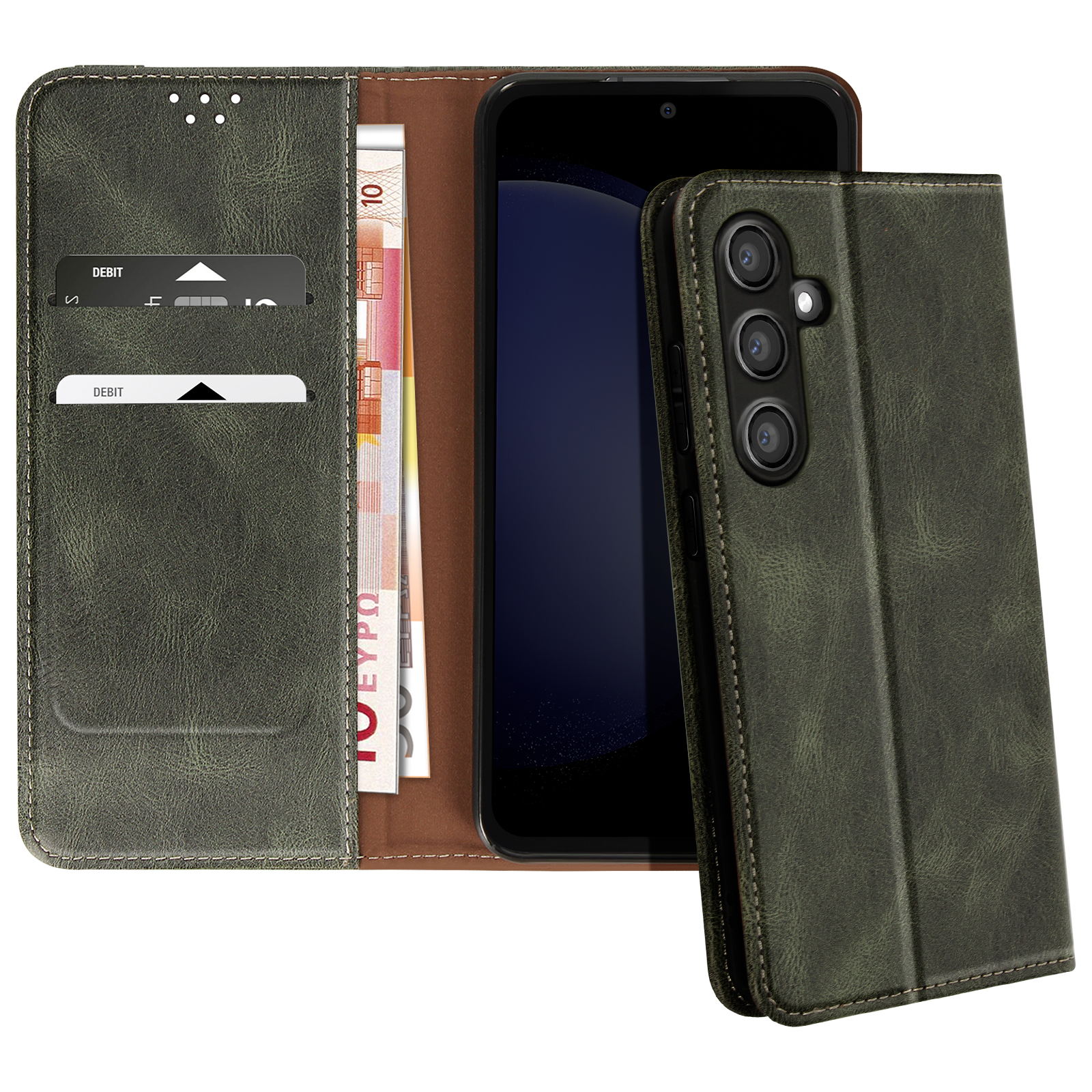 Grüne Leder-Handyhülle mit Telefon, Geld und Karten im Inneren.