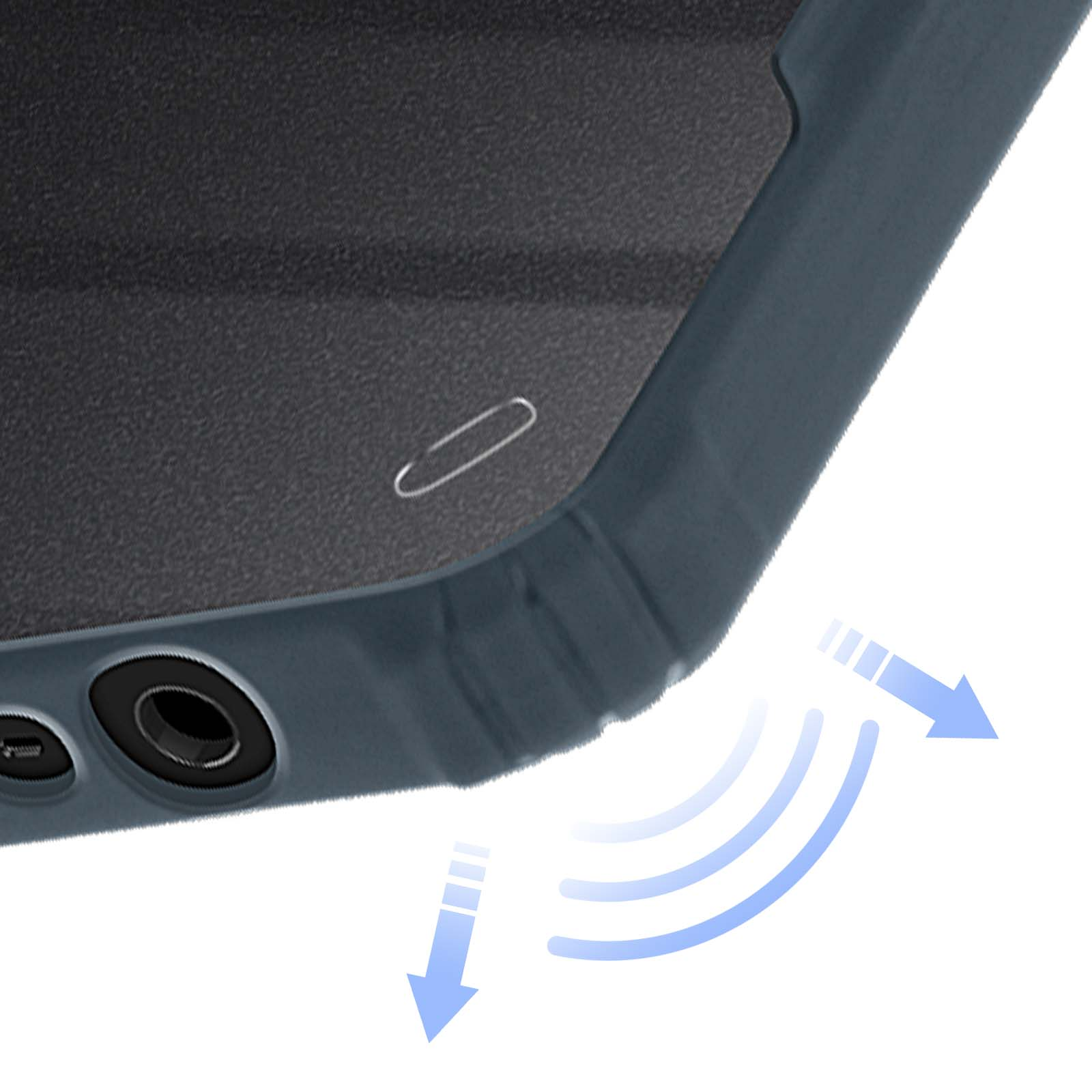 Primo piano di un dispositivo blu scuro con angoli arrotondati e porte circolari. Le frecce indicano le onde sonore.