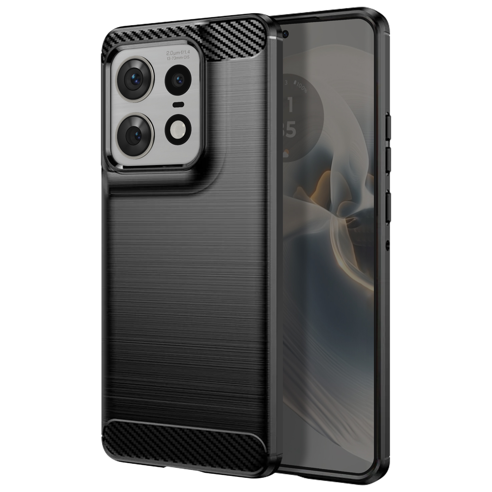 Schwarze Handyhülle mit Karbonfaser-Textur. Das Telefon hat eine Dreifachkamera.