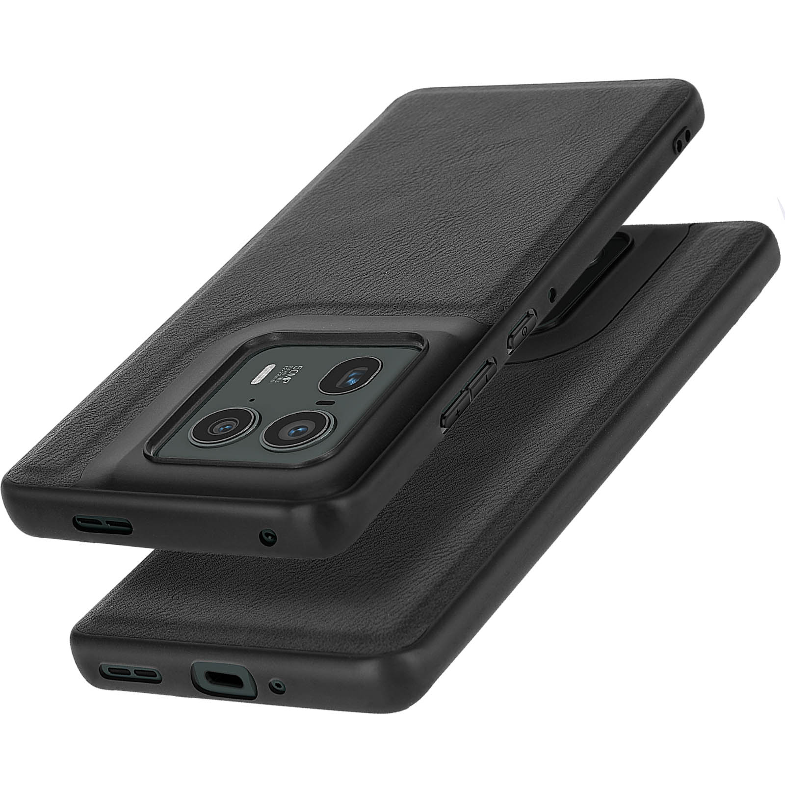 Funda negra para teléfono. Dos fundas apiladas con recorte para triple cámara.