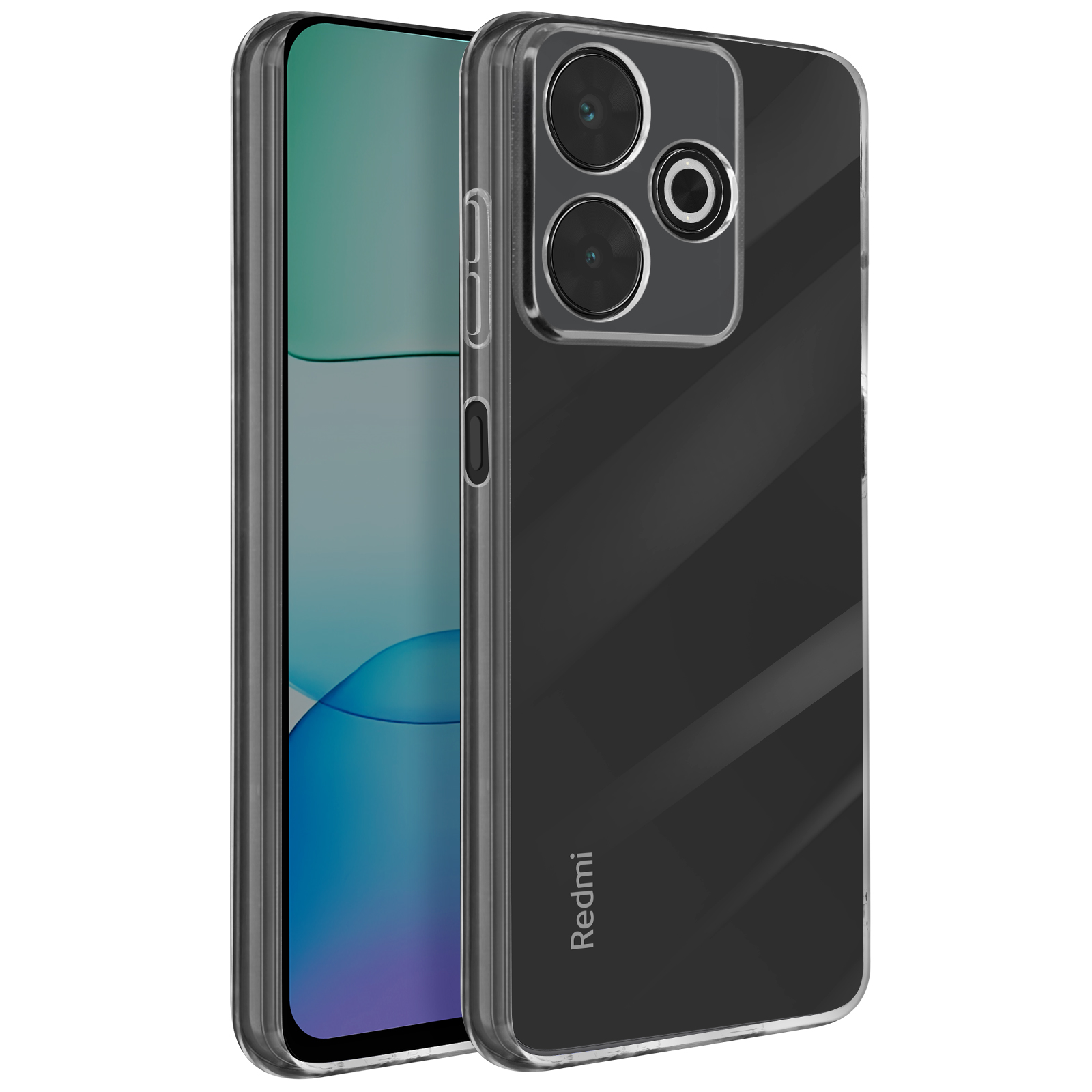 Custodia trasparente per telefono su sfondo bianco, che mostra un telefono. Il logo Redmi è in basso.