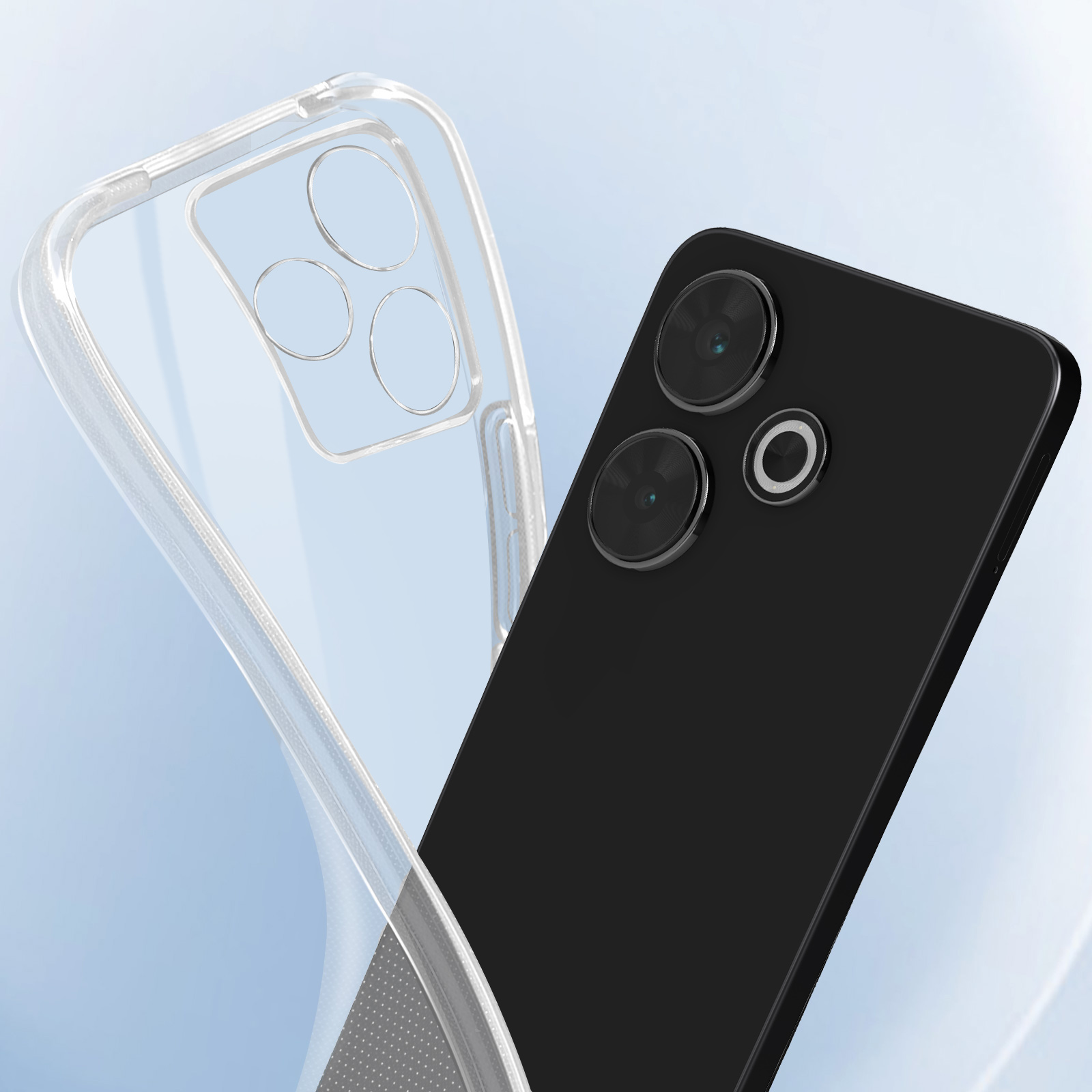 Un telefono nero con una custodia trasparente, che mostra la fotocamera del telefono e la custodia protettiva.