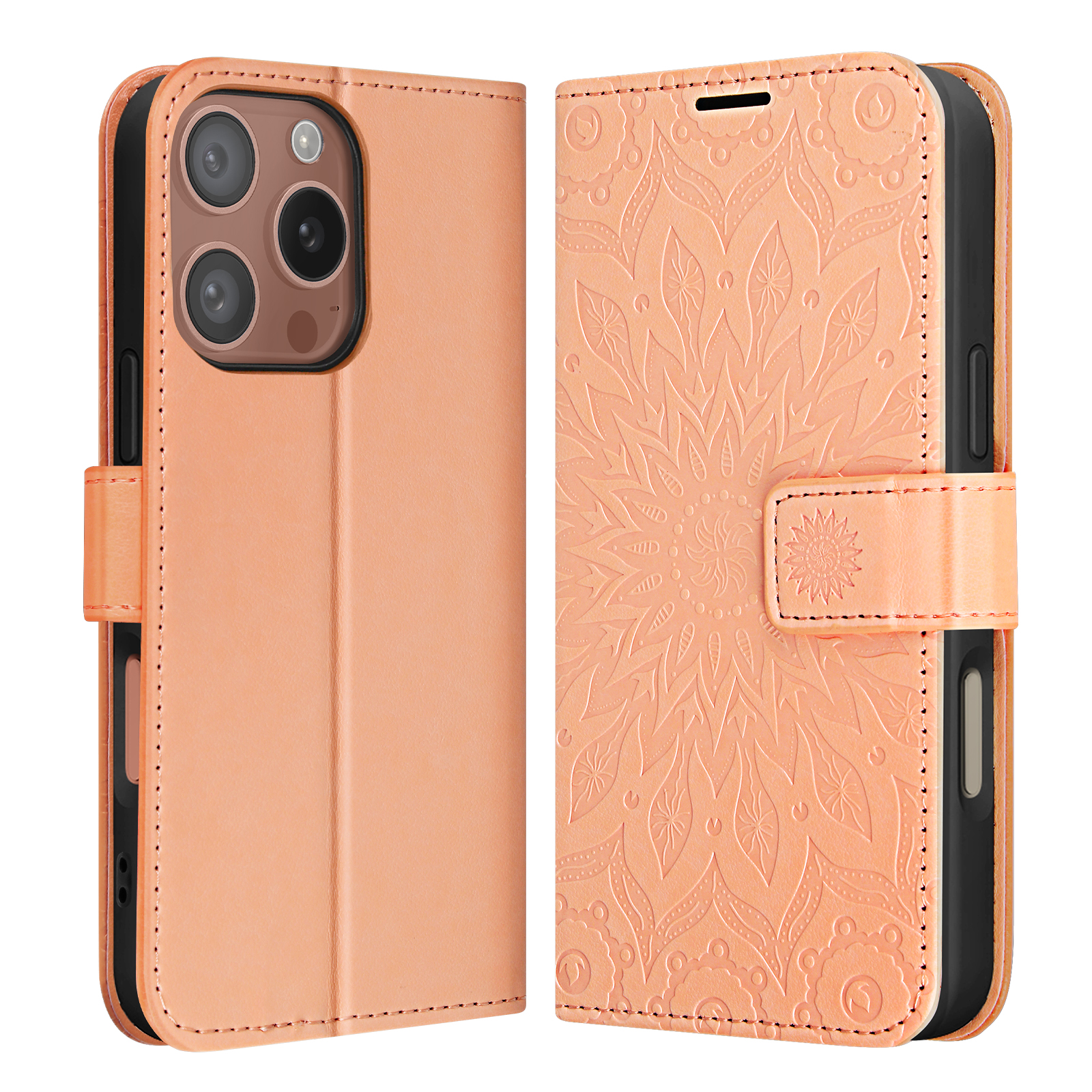 Custodia per telefono color pesca aperta con design floreale, che mostra un telefono.