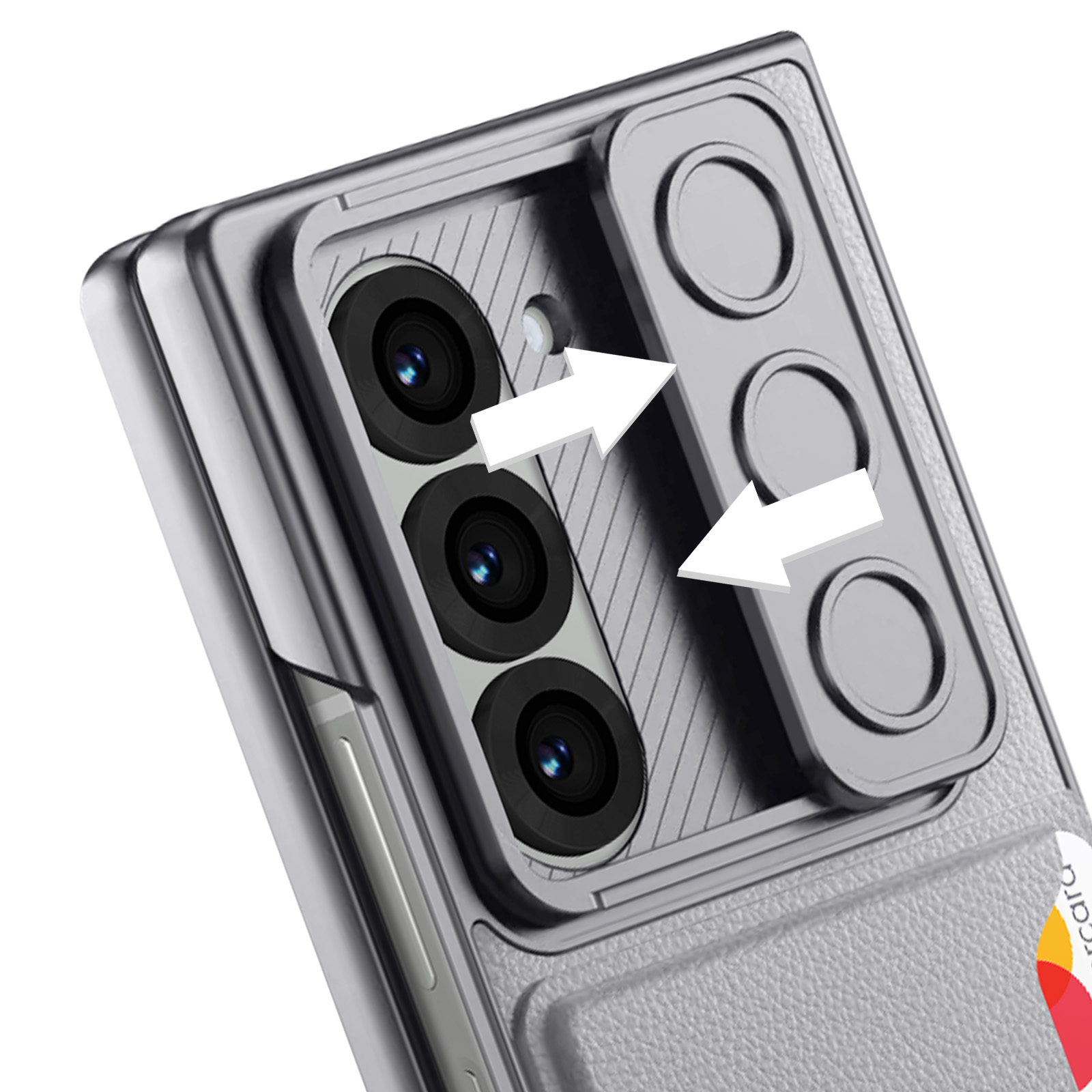 Custodia per telefono con lenti della fotocamera. Frecce bianche indicano il movimento. Custodia grigia.