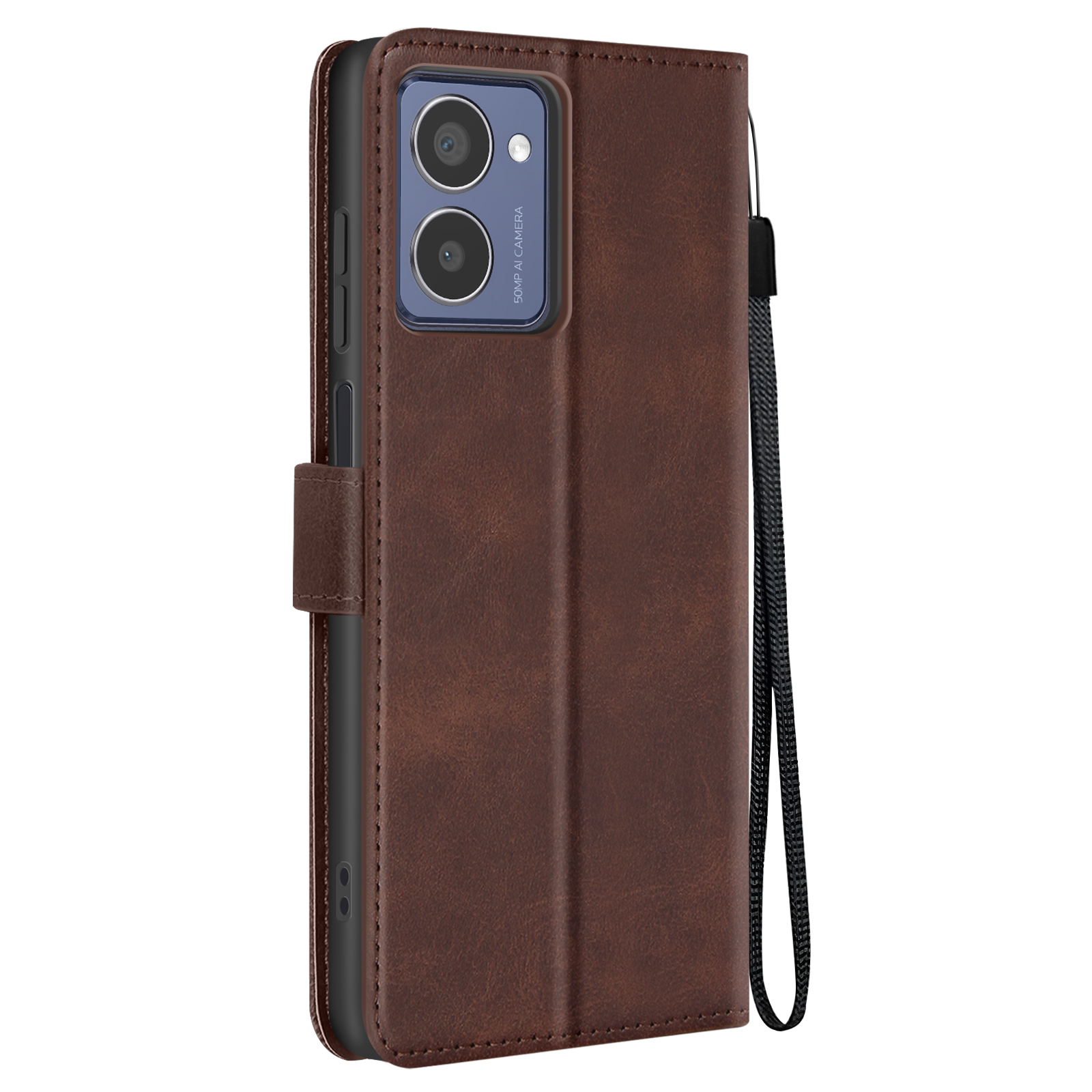 Custodia marrone per telefono, chiusa, con cinturino da polso. Due fotocamere visibili. Materiale similpelle.