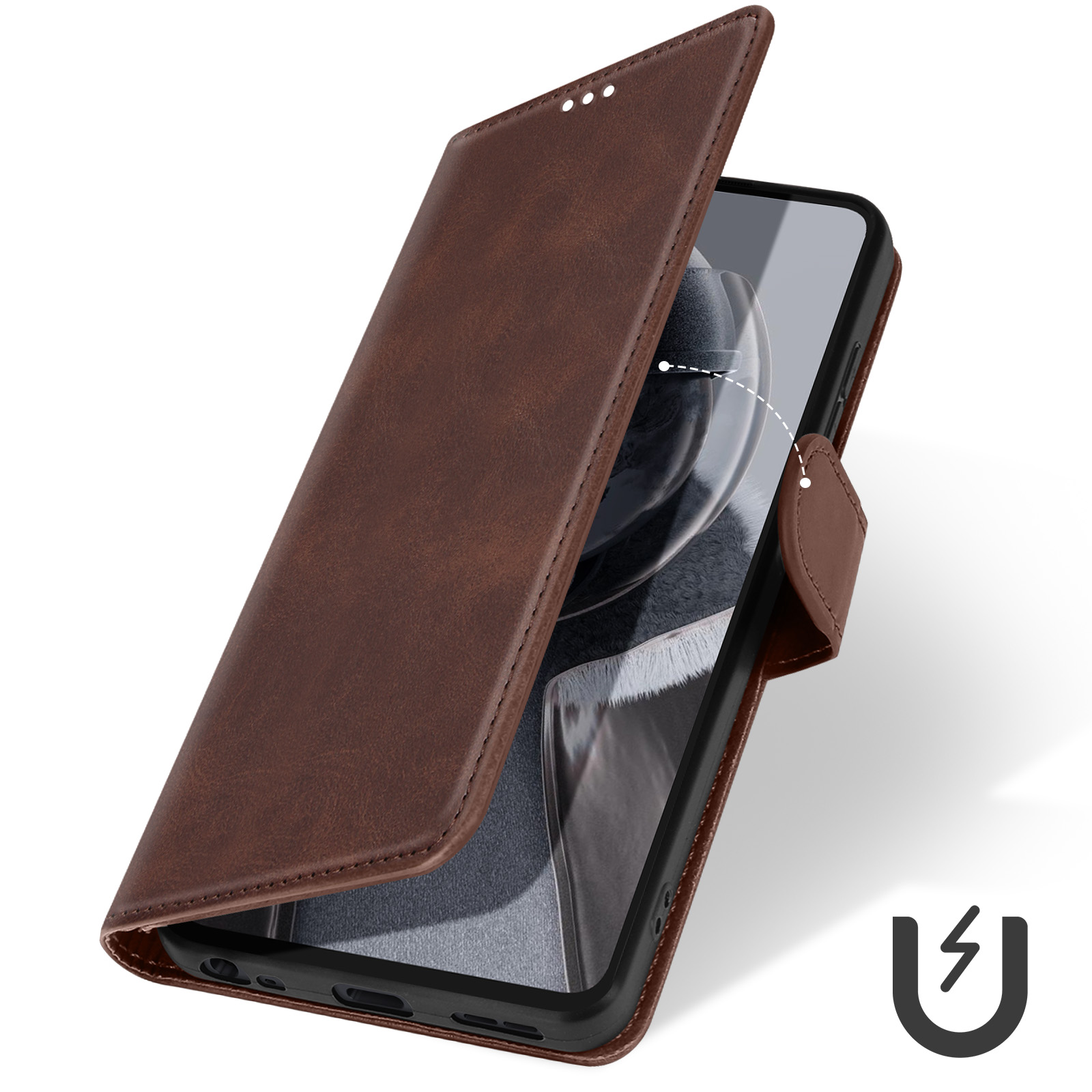 Custodia per telefono in pelle marrone, aperta, rivela lo schermo del telefono. Simbolo magnetico in basso a destra.