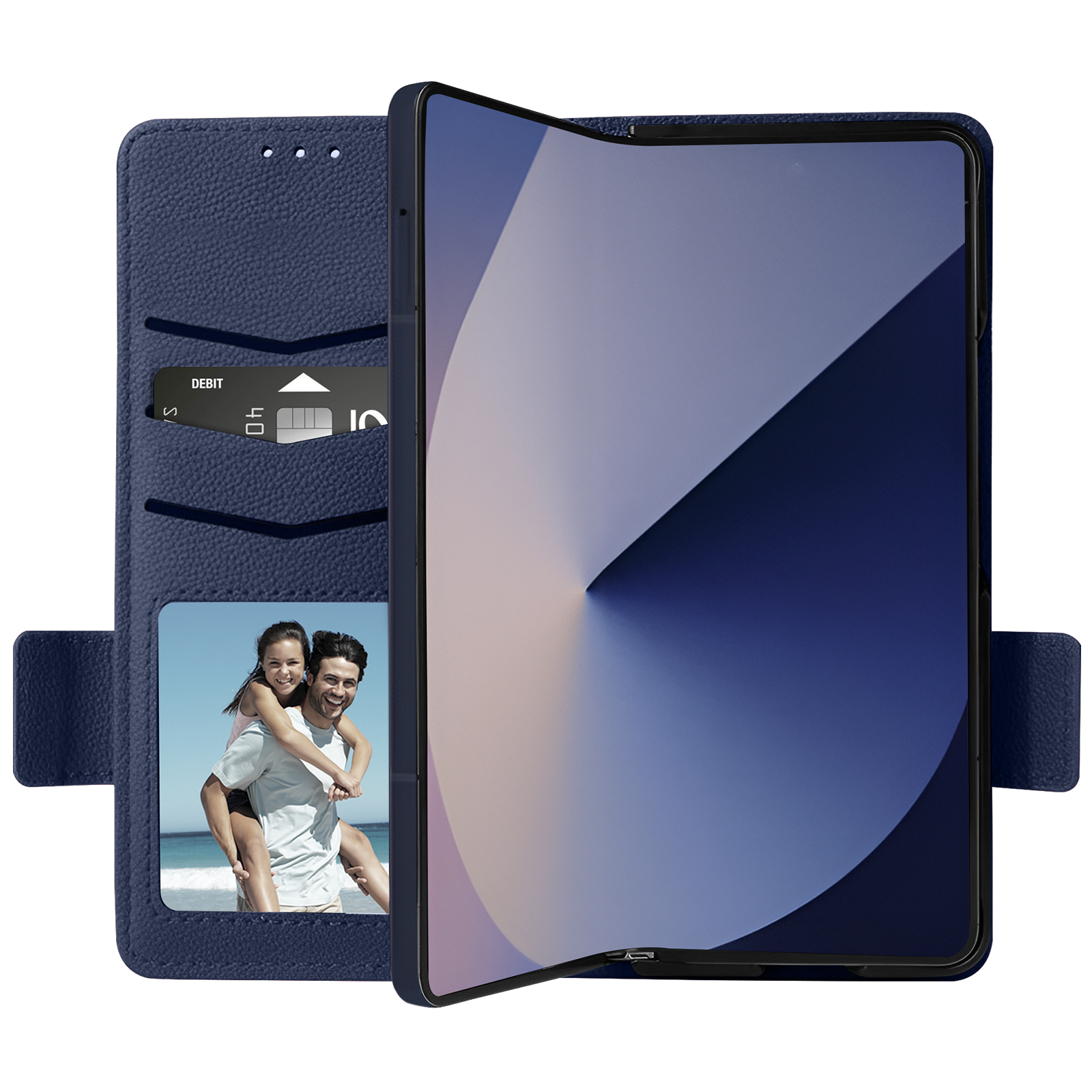 Custodia per tablet in pelle blu aperta, che rivela tablet e slot per schede. Foto di una coppia.