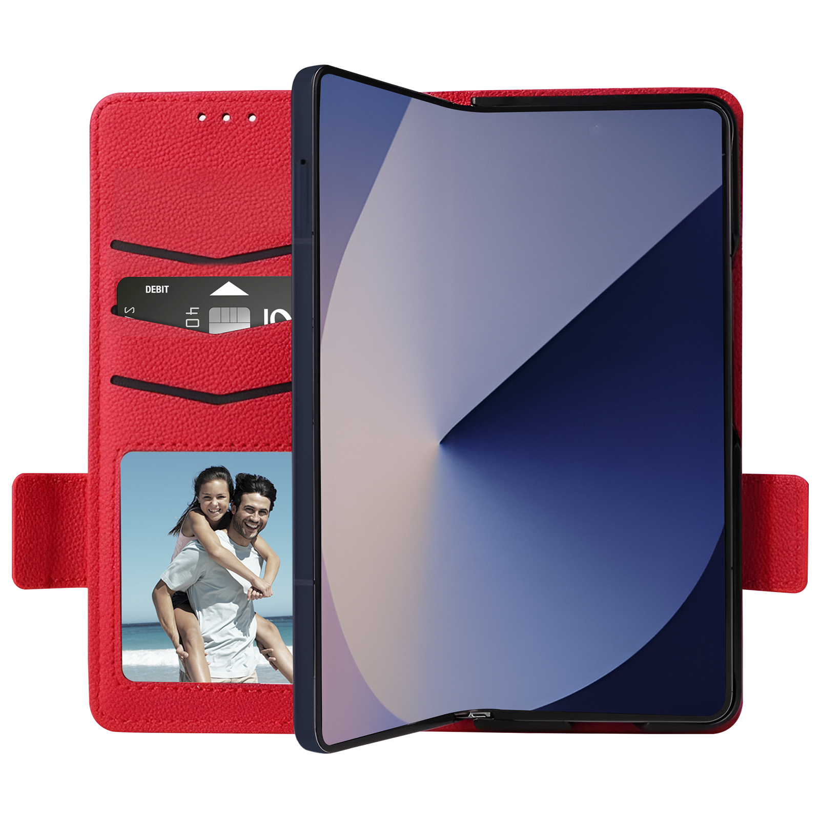 Rote Tablethülle, offen, Tablet zeigend. Foto von Personen innen. Kreditkartenfächer sichtbar.