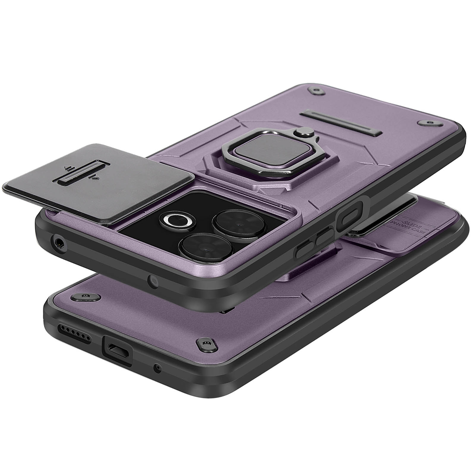 Custodia viola per telefono con copertura scorrevole per fotocamera e anello di supporto. Due fotocamere visibili.