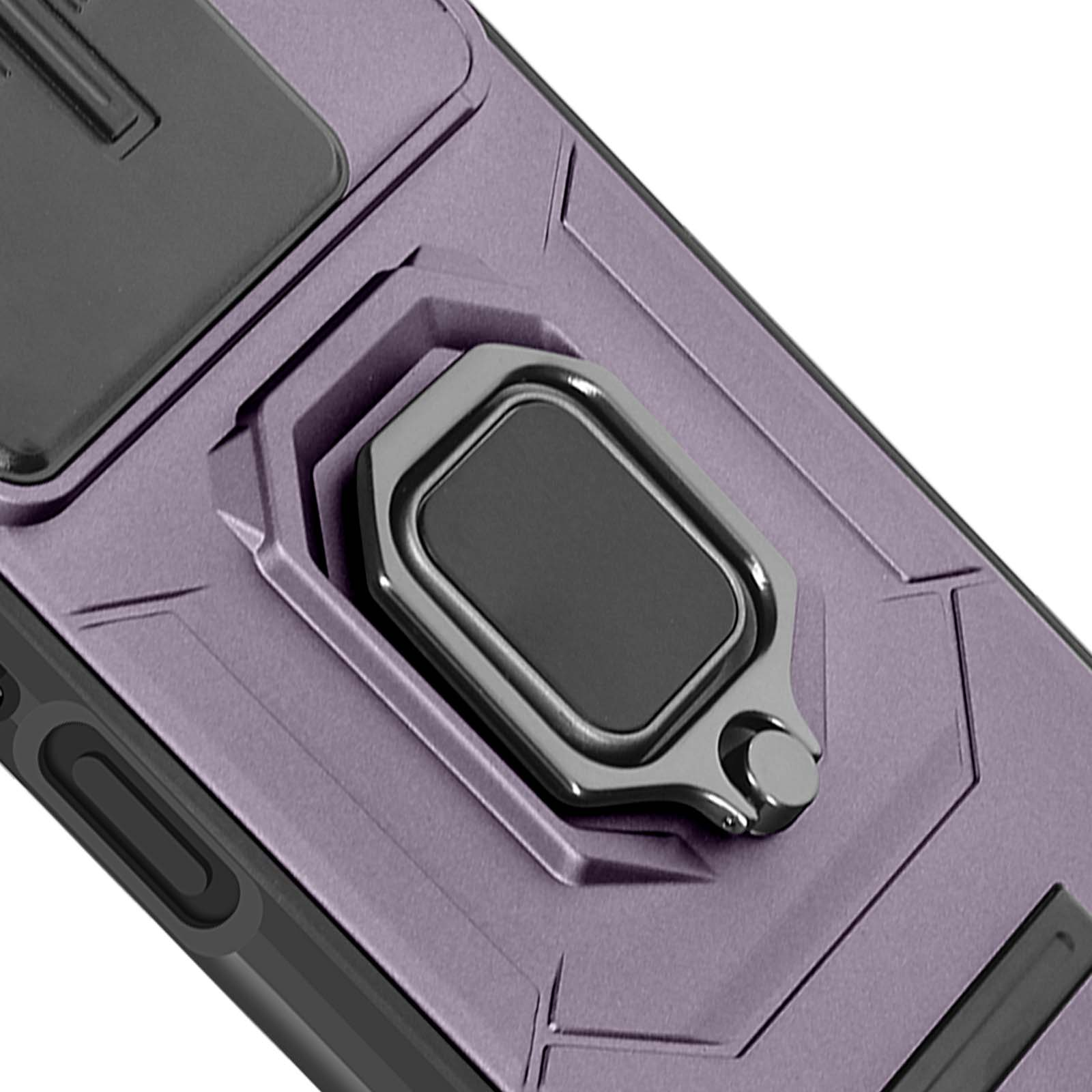 Custodia viola per telefono con supporto ad anello. Sfondo: superficie grigia.