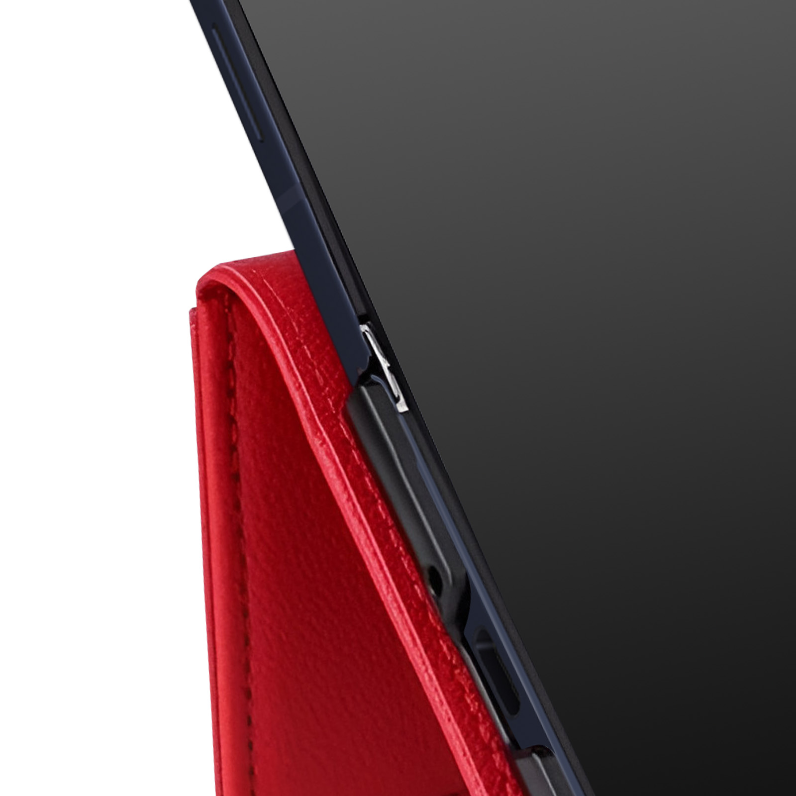 Rote Tablet-Hülle aus Leder mit schwarzem Bildschirm. Das Tablet ist leicht angewinkelt.