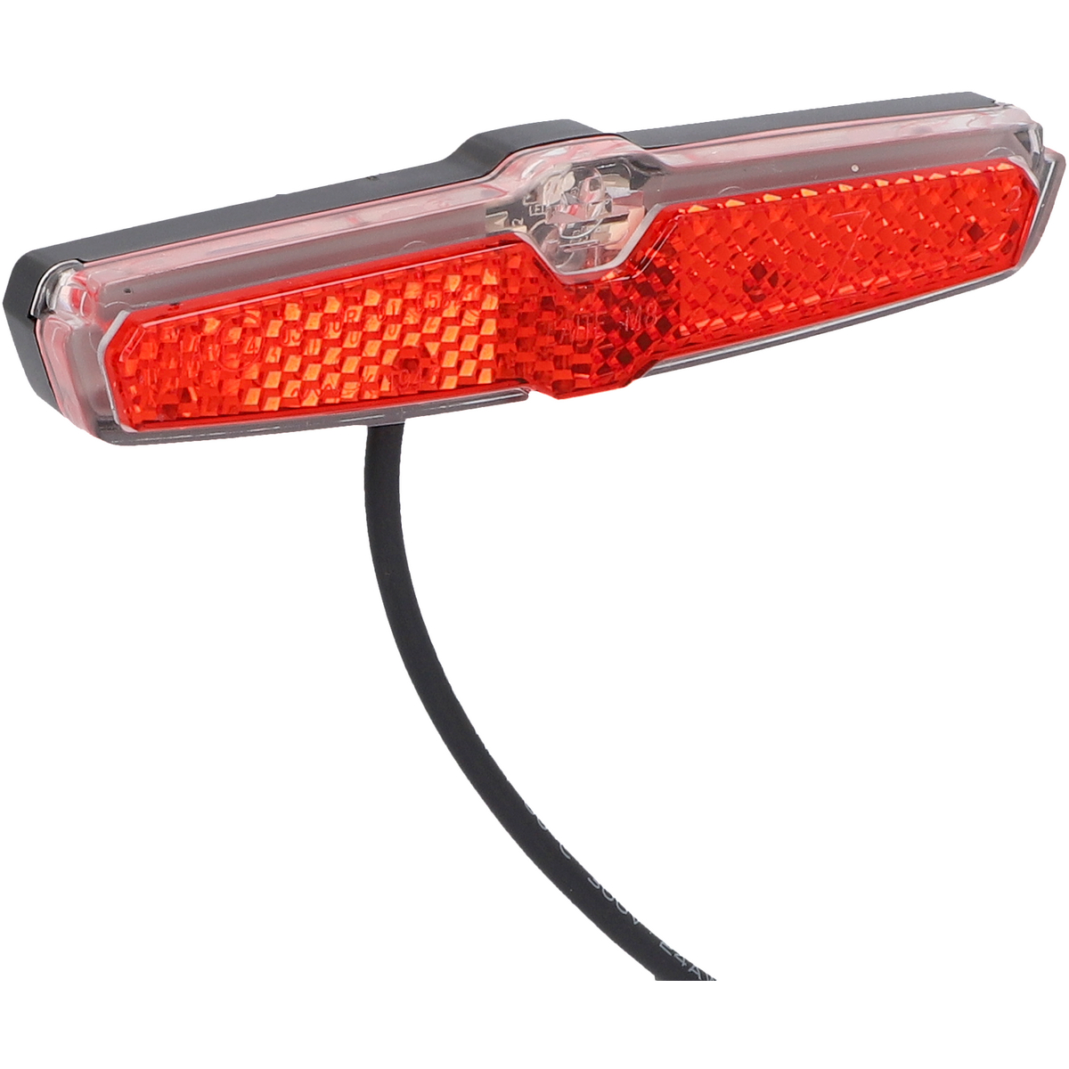 Rotes Fahrradrücklicht mit schwarzem Kabel. Das Licht hat eine transparente Abdeckung.