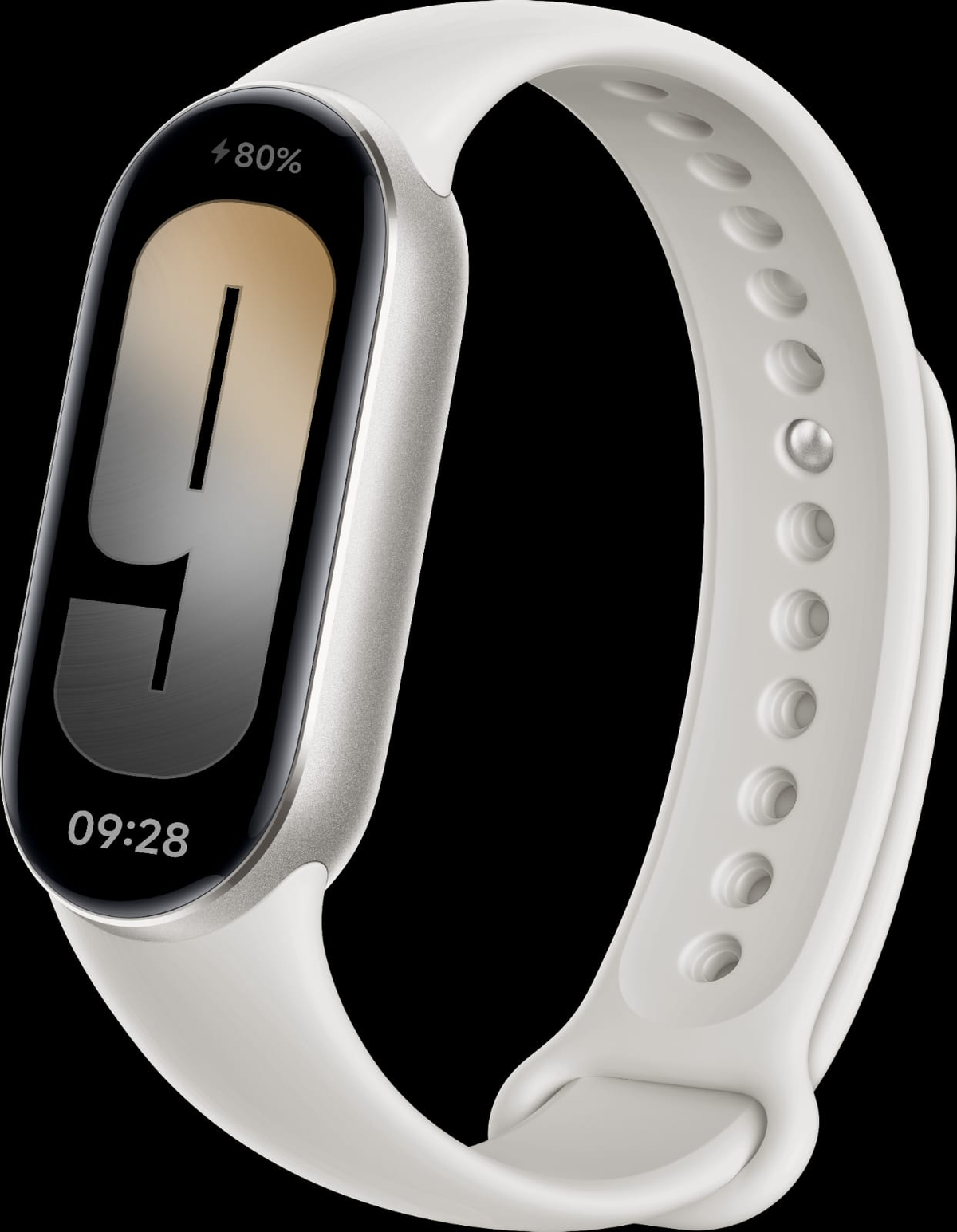 Reloj inteligente blanco con pantalla negra que muestra 80% batería y 09:28.