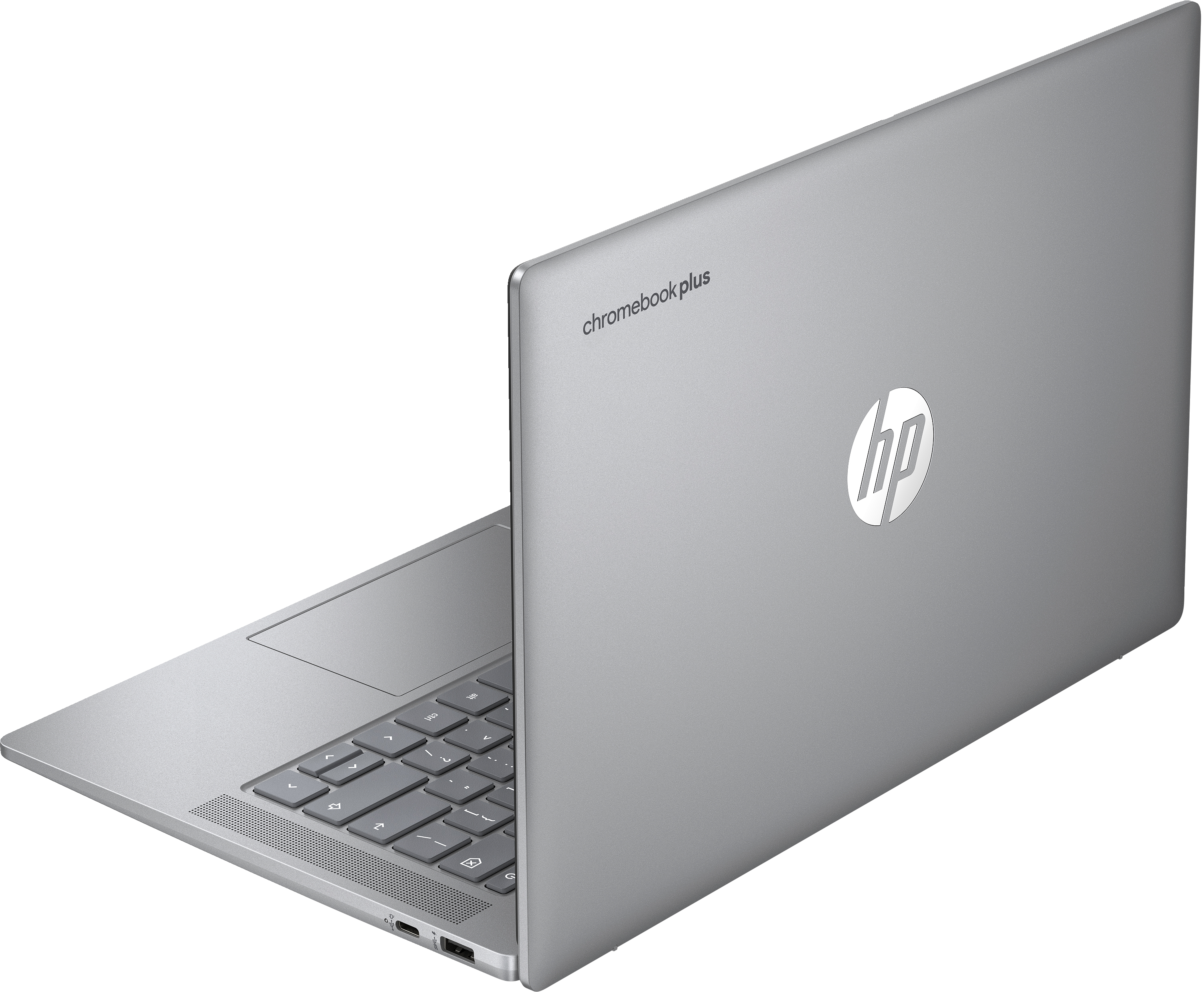 Portátil Chromebook Plus plateado, visto desde atrás en ángulo. La parte trasera muestra el logotipo de HP y el texto Chromebook Plus.