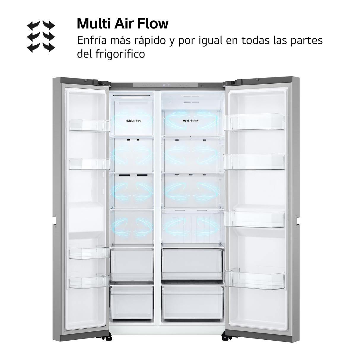 Refrigerador abierto, exterior gris, interior blanco. Estantes y cajones visibles, superposición de texto.