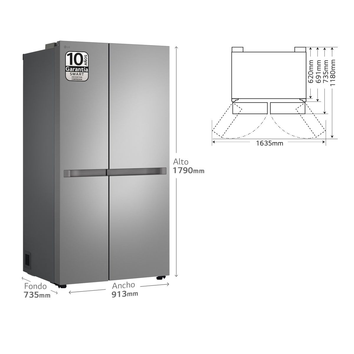 Un refrigerador LG plateado de cuatro puertas. Las dimensiones se muestran a la derecha.