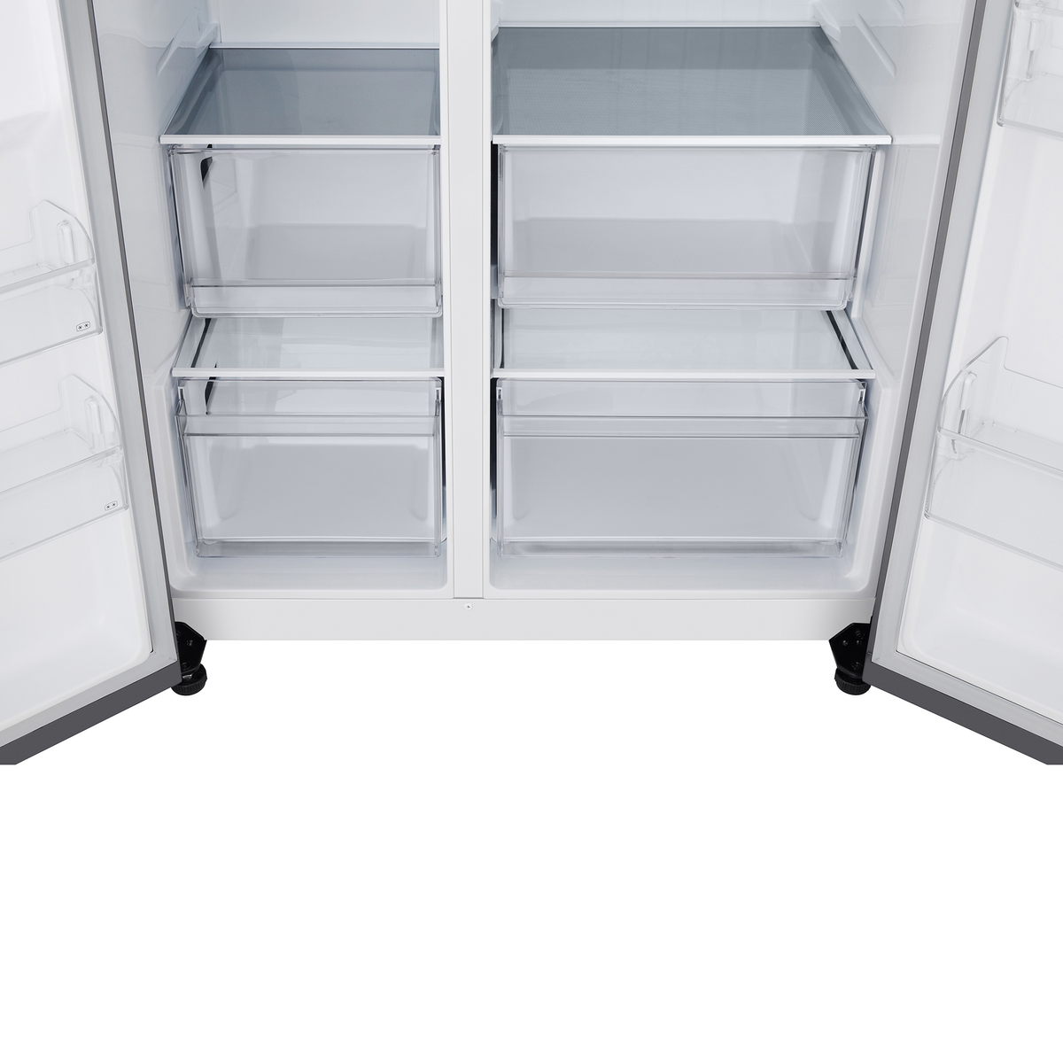 Vista interior de un refrigerador. Muestra cajones y estantes.
